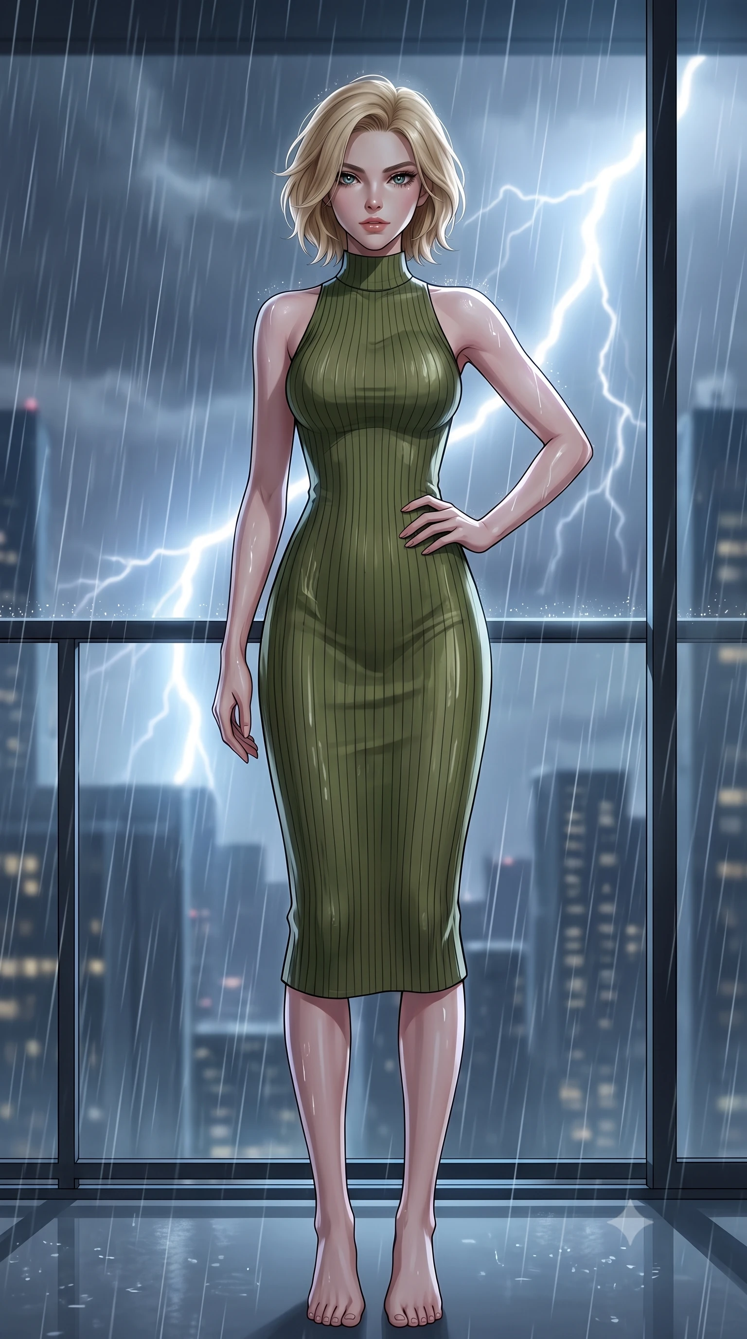 score_9, masterpiece, best quality, ultra-detailed, high-budget anime keyframe, tasteful artistic composition, Caucasian woman. low angle full-body shot from head to toe showing her feet, filling the entire 9:16 vertical frame with her statuesque presence, stretching her vertical silhouette. posing confidently with one hand on her hip, stretching her statuesque body to emphasize her curves the background shows a soft-focus a private balcony of a high-tech apartment during a heavy thunderstorm. She has an absolutely perfect, statuesque 8.5-heads proportion, an exceptionally tall and slender model-like female figure with impossibly long slender legs and an ultra-slim waist. sharp v-shaped jawline, high-bridge nose, intricate jewel-like eyes with depth, thick eyelashes, glossy lips with a natural sheen. wearing a body-hugging form-contouring ribbed knit bodycon midi dress in olive green, tracing her slender silhouette with a high neck. bright flashes of lightning casting momentary high-contrast chiaroscuro shadows. highly saturated vibrant anime colors, cel-shading, 2d style, master piece, 9:16 ratio