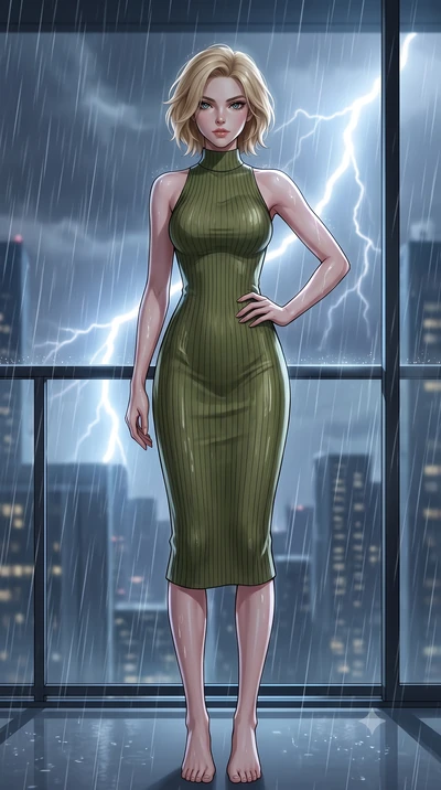 score_9, masterpiece, best quality, ultra-detailed, high-budget anime keyframe, tasteful artistic composition, Caucasian woman. low angle full-body shot from head to toe showing her feet, filling the entire 9:16 vertical frame with her statuesque pre