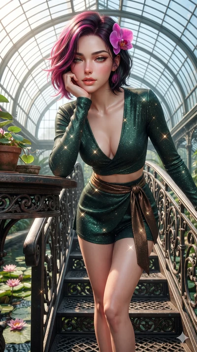 Caucasian woman. resting one elbow on the potting bench and supporting her chin, leaning close to the camera with heavy-lidded sparkling eyes and parted lips while walking slowly down the bridge steps with feline poise, her long slender legs and curvy hourglass hips commanding the grand water conservatory. The surrounding environment is rendered...