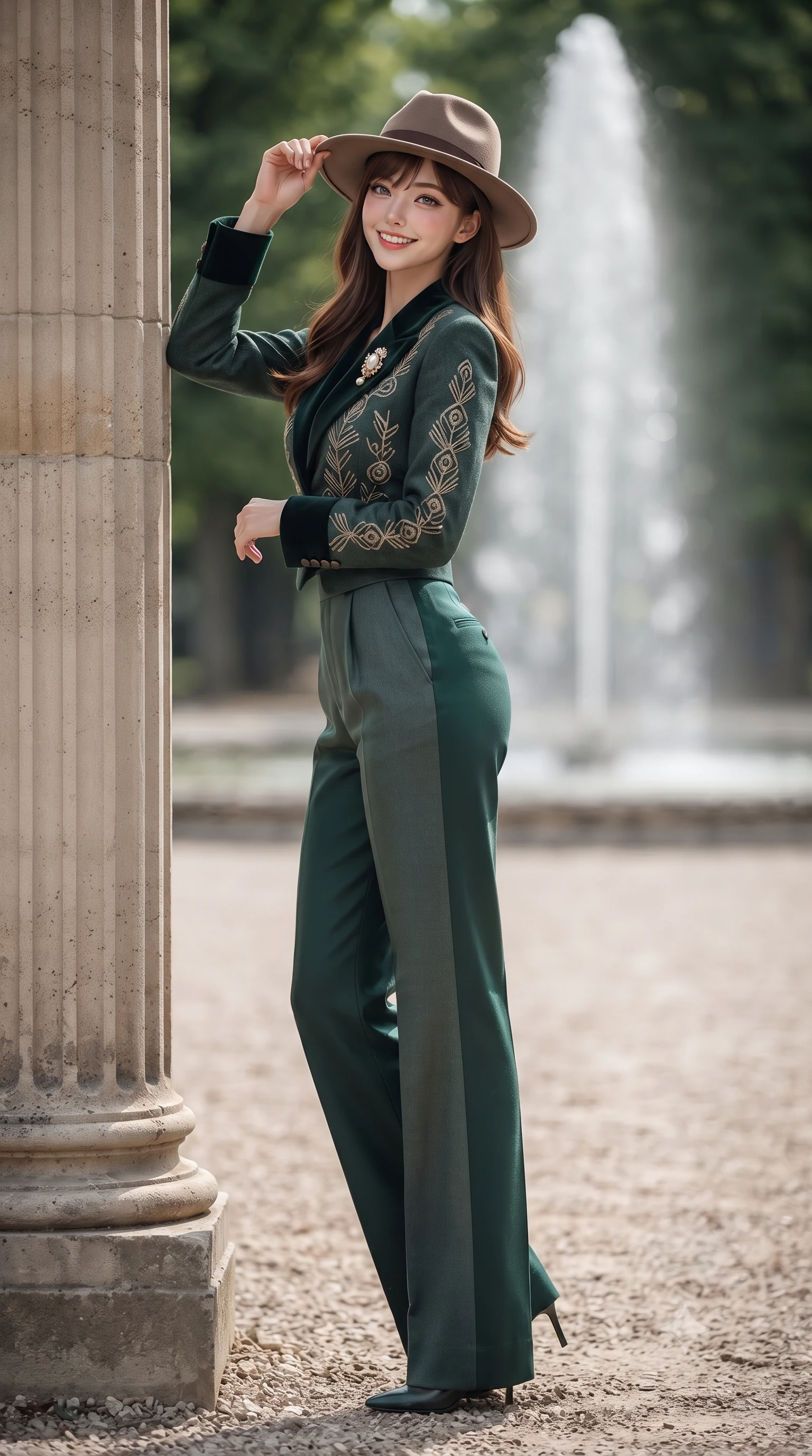 score_9, masterpiece, best quality, ultra-detailed, high-budget anime keyframe, editorial fashion photography, tasteful artistic composition, Korean woman. low angle full-body shot from head to toe showing her feet, filling the entire 9:16 vertical frame with her statuesque presence, stretching her vertical silhouette. pausing along the promenade and turning back toward the camera with an infectious, delightful smile and perfect posture while leaning poised against a fluted neoclassical stone pillar, one hand touching the brim of her felt fedora with timeless poise. The background shows a soft-focus central palace fountain spray softened in serene 17th-century Parisian garden shallow focus. She has an exceptionally tall and slender model-like 8.5-heads proportion, an ultra-slim waist, a flat toned midriff, narrow delicate ribcage, and beautifully sculpted feminine hips creating a graceful, slim hourglass silhouette without any bulky heaviness, with impossibly long slender legs. sharp v-shaped jawline, high-bridge nose, intricate jewel-like sparkling eyes with depth, thick eyelashes, glossy parted lips with a natural peach sheen, bright cheerful beaming smile with an enchanting and coquettish sensual glint, exuding both youthful cute charm and seductive allure, flawlessly proportioned anatomical accuracy, strict slender model proportions, natural body alignment, perfectly sculpted long slender limbs, ultra-slim waistline, clean dynamic posture without body distortion. wearing a retro Art Deco embroidered wool blazer with velvet lapels paired with high-waisted pressed trousers in St. Moritz pine forest emerald and heather grey, woven from fine Australian merino wool with a smooth fluid drape and subtle sheen, complemented by an antique baroque pearl brooch pinned tastefully on the lapel, the streamlined silhouette following her natural slender proportions with sophisticated poise, enhancing her tall willowy presence. illuminated by pale gravel courtyard bounce and sharp warm-gold rim lights defining her cheekbones and statuesque model proportions. ultra-reflective glossy finish, specular highlights, rich textural contrasts, high-contrast stereoscopic depth, volumetric dynamic lighting, 2k, ultra detail, master piece, 9:16 ratio