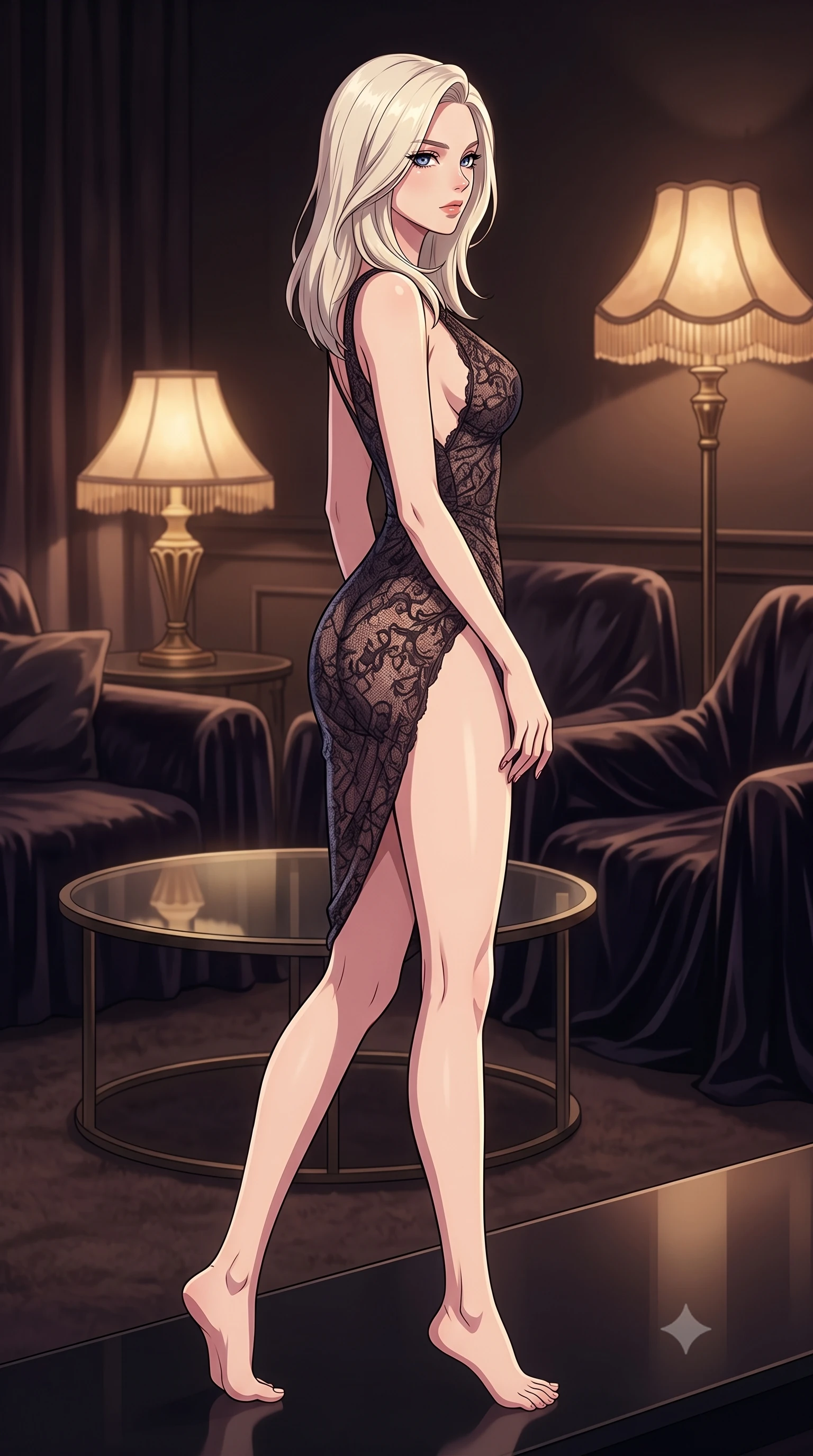 score_9, masterpiece, best quality, ultra-detailed, high-budget anime keyframe, tasteful artistic composition, Caucasian woman. low angle full-body shot from head to toe showing her feet, filling the entire 9:16 vertical frame with her statuesque presence, stretching her vertical silhouette. stepping gracefully while looking back over her shoulder, her dress draped tightly to reveal her silhouette the background shows a soft-focus a dark velvet lounge corner with vintage lamps and a round glass coffee table. She has an absolutely perfect, statuesque 8.5-heads proportion, an exceptionally tall and slender model-like female figure with impossibly long slender legs and an ultra-slim waist. sharp v-shaped jawline, high-bridge nose, intricate jewel-like eyes with depth, thick eyelashes, glossy lips with a natural sheen. wearing a body-hugging semi-opaque dark lace dress with a plunging neckline and high-cut leg line. low-contrast warm ambient glow creating a calm and relaxed mood. highly saturated vibrant anime colors, cel-shading, 2d style, master piece, 9:16 ratio