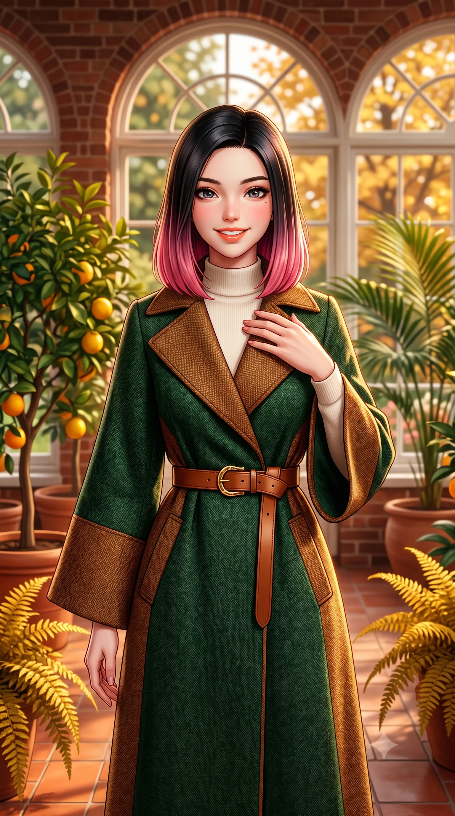 score_9, masterpiece, best quality, ultra-detailed, high-budget anime keyframe, semi-realistic 3D game render, editorial fashion photography, tasteful artistic composition, Korean woman. close-up cowboy shot from the waist and thighs up, the character dominates the composition, filling the frame with her large presence. resting one hand gracefully on her tailored blazer lapel while looking into the camera with bright, sparkling eyes while standing amidst potted citrus trees and cascading golden ferns inside the historic brick orangery, smiling warmly at the camera. The background shows a soft-focus arched multi-pane conservatory windows, lush potted palm fronds, and golden maple trees outside blurred into honey, terracotta, and olive bokeh. She has an exceptionally elegant, slender, and willowy female figure with an ultra-slim waist, flat toned midriff, narrow ribcage, and sculpted feminine hips creating an alluring, slim hourglass silhouette without bulk. sharp v-shaped jawline, high-bridge nose, intricate jewel-like sparkling eyes with depth, thick eyelashes, glossy parted lips with a natural peach sheen, bright cheerful beaming smile with an enchanting and coquettish sensual glint, exuding both youthful cute charm and seductive allure, flawlessly proportioned anatomical accuracy, strict slender model proportions, natural body alignment, perfectly sculpted long slender limbs, ultra-slim waistline, clean dynamic posture without body distortion. wearing an elegant tailored wool trench with kimono-inspired wide sleeves worn over an ivory mock-neck sweater and long skirt in heritage British racing green and warm cognac brown, tailored from heritage British Harris Tweed with rich multi-tonal yarn weave, finished with a smooth equestrian bridle-leather belt with a polished brass horseshoe buckle, the bespoke architectural tailoring hugging her natural waistline with sartorial precision, creating a clean graceful hourglass silhouette with tall model elegance. illuminated by terracotta floor reflection fill and warm golden rim lights defining her delicate collar and willowy silhouette. highly saturated vibrant anime colors, detailed shading with soft gradients, rich glossy textures, high-contrast stereoscopic depth, volumetric dynamic lighting, master piece, 9:16 ratio