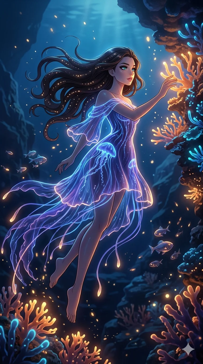 score_9, masterpiece, best quality, ultra-detailed, high-budget anime keyframe, an incredibly beautiful Caucasian woman (strictly human ears). Full-body shot stretching the vertical silhouette, dominating the 9:16 frame. She is an abyssal mermaid exploring a coral reef. She possesses a statuesque height and a towering silhouette, highlighting her long slender legs and perfect 8-heads proportion. Her face is a flawless masterpiece with a sharp v-shaped jawline, high-bridge nose, expressive jewel-like eyes, thick eyelashes, and perfectly glossy lips. She is wearing a bio-luminescent jellyfish-inspired translucent dress. A deep sea trench with glowing corals and floating light particles, dramatic rim lighting., 2k, ultra detail, master piece, 9:16 ratio