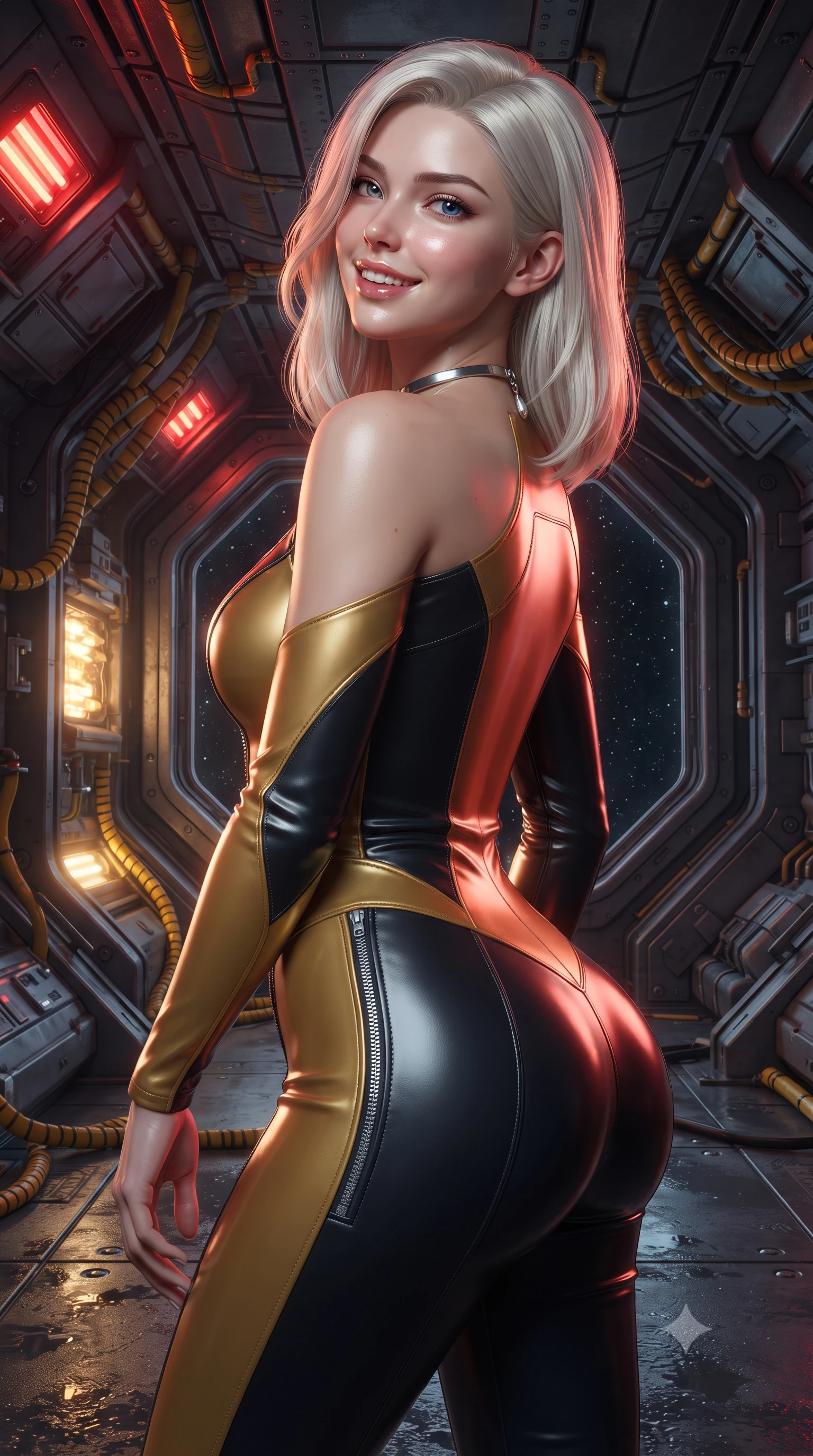 score_9, masterpiece, best quality, ultra-detailed, high-budget anime keyframe, editorial fashion photography, tasteful artistic composition, Caucasian woman. close-up cowboy shot from the waist and thighs up, the character dominates the composition, filling the frame with her large presence. posing in an alluring rear three-quarter angle, looking over a bare shoulder with parted glossy lips, her hips cocked back to highlight her slim hourglass curve while twisting her slender torso in an alluring contrapposto stance, red tactical emergency lights and golden vent fires playing across her narrow waist and curvy hips. The surrounding environment is rendered in vivid detail and crisp panoramic clarity: sharp riveted titanium hull bulkheads, yellow hydraulic hose lines, and thick acrylic viewport bevels in deep focus. She has an exceptionally elegant, slender, and willowy female figure with an ultra-slim waist, flat toned midriff, narrow ribcage, and sculpted feminine hips creating an alluring, slim hourglass silhouette without bulk. sharp v-shaped jawline, high-bridge nose, intricate jewel-like sparkling eyes with depth, thick eyelashes, glossy parted lips with a natural peach sheen, bright cheerful beaming smile with an enchanting and coquettish sensual glint, exuding both youthful cute charm and seductive allure, flawlessly proportioned anatomical accuracy, strict slender model proportions, natural body alignment, perfectly sculpted long slender limbs, ultra-slim waistline, clean dynamic posture without body distortion. wearing a sculpted tactical lambskin leather catsuit with seamless paneling and silver zipper hardware accentuating her flat midriff and curvy hips in solar-wind gold and deep space void black, made of fluid liquid jersey with seamless sculpting hold and smooth contours, finished with a minimalist chrome choker and a single teardrop diamond pendant, the impeccably tailored cut draping gracefully along her slender figure with aristocratic poise. illuminated by wet steel floor reflection bounce and sharp ruby-gold rim lights sculpting her razor-sharp jawline, narrow waist, and curvy hips. ultra-reflective glossy finish, specular highlights, rich textural contrasts, high-contrast stereoscopic depth, volumetric dynamic lighting, 2k, ultra detail, master piece, 9:16 ratio