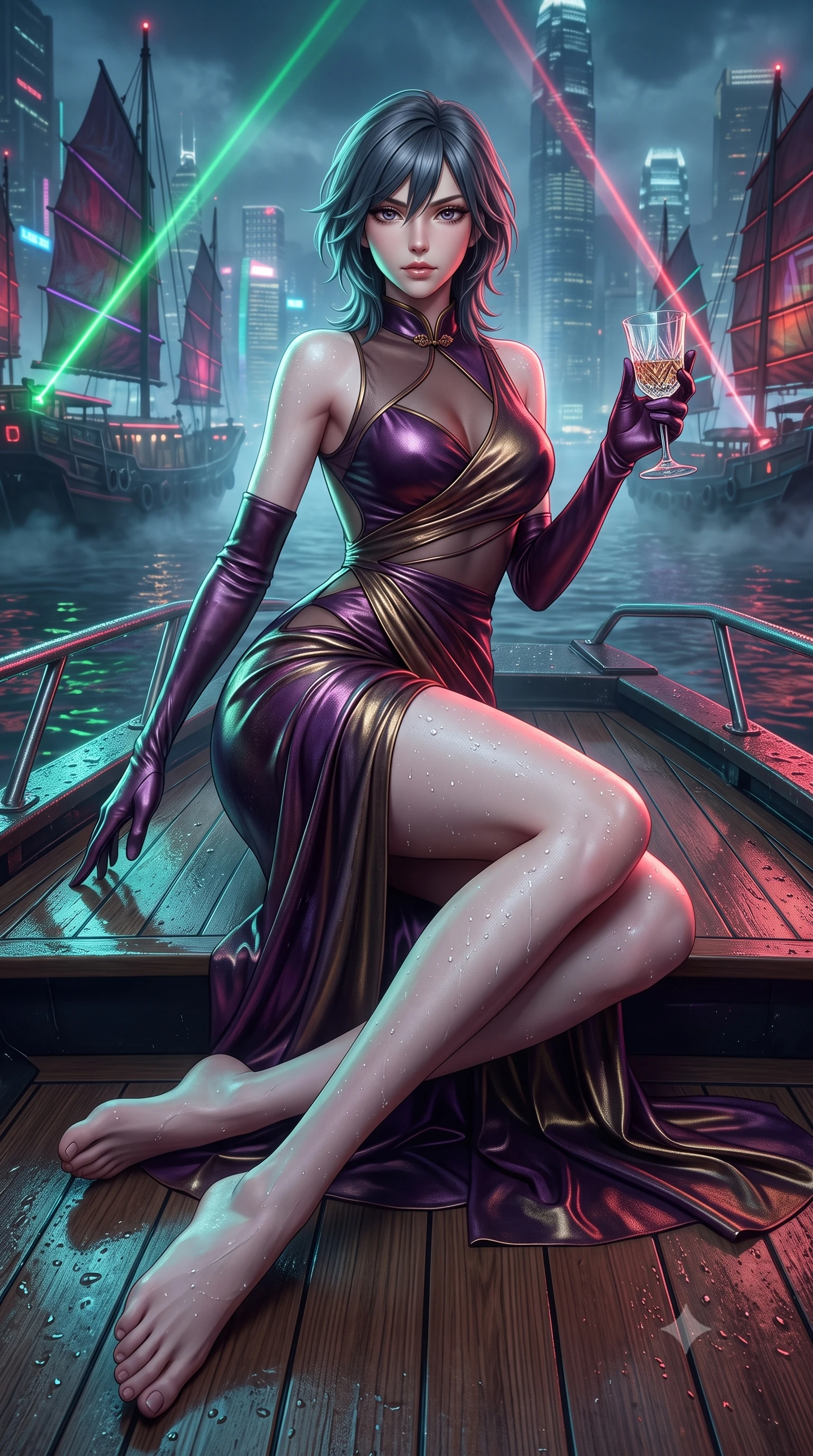 score_9, masterpiece, best quality, ultra-detailed, high-budget anime keyframe, semi-realistic 3D game render, editorial fashion photography, tasteful artistic composition, Caucasian woman. low angle full-body shot from head to toe showing her feet, filling the entire 9:16 vertical frame with her statuesque presence, stretching her vertical silhouette. reclining on her side in an elegant Cleopatra pose with one knee drawn up, the dramatic contour of her rounded hips and long slender legs commanding the 9:16 vertical frame while standing on the teak deck of a futuristic neon-rigged motorized junk boat, arching her back as laser light beams pierce the dense Victoria Harbour mist. The surrounding environment is rendered in vivid detail and crisp panoramic clarity. detailed wet-look dress sheen, sea mist droplets on skin, and futuristic urban density in high resolution. She has an exceptionally tall and slender model-like 8.5-heads proportion, an ultra-slim waist, a flat toned midriff, narrow delicate ribcage, and beautifully sculpted feminine hips creating a graceful, slim hourglass silhouette without any bulky heaviness, with impossibly long slender legs. sharp v-shaped jawline, high-bridge nose, intricate jewel-like eyes with depth, thick eyelashes, glossy parted lips with a natural sheen, intensely captivating and seductive bedroom-eyes expression, flawlessly proportioned anatomical accuracy, strict slender model proportions, natural body alignment, perfectly sculpted long slender limbs, ultra-slim waistline, clean dynamic posture without body distortion. wearing a wet-look silk fusion wrap dress with asymmetrical sheer mesh cutouts and high Mandarin collar in deep plum violet and antique bronze, crafted from luxurious metallic lamé that shifts radiance with every step, accessorized with opera-length satin gloves and a vintage crystal glass, the precision-cut side openings and low-back scoop framing her graceful spine and the sensual sweep of her slim, toned hips. bathed in vivid crimson and laser emerald neon edge lights contrasting with dark oceanic shadows. highly saturated vibrant anime colors, detailed shading with soft gradients, rich glossy textures, high-contrast stereoscopic depth, volumetric dynamic lighting, master piece, 9:16 ratio