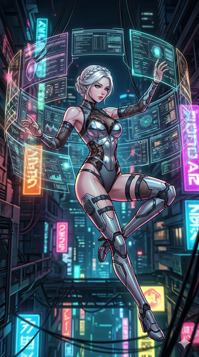 score_9, masterpiece, best quality, ultra-detailed, high-budget anime movie keyframe, cinematic anime lighting, intricate line art, Korean woman. Mid-air action shot capturing a graceful twist and vertical silhouette. operating a holographic console 