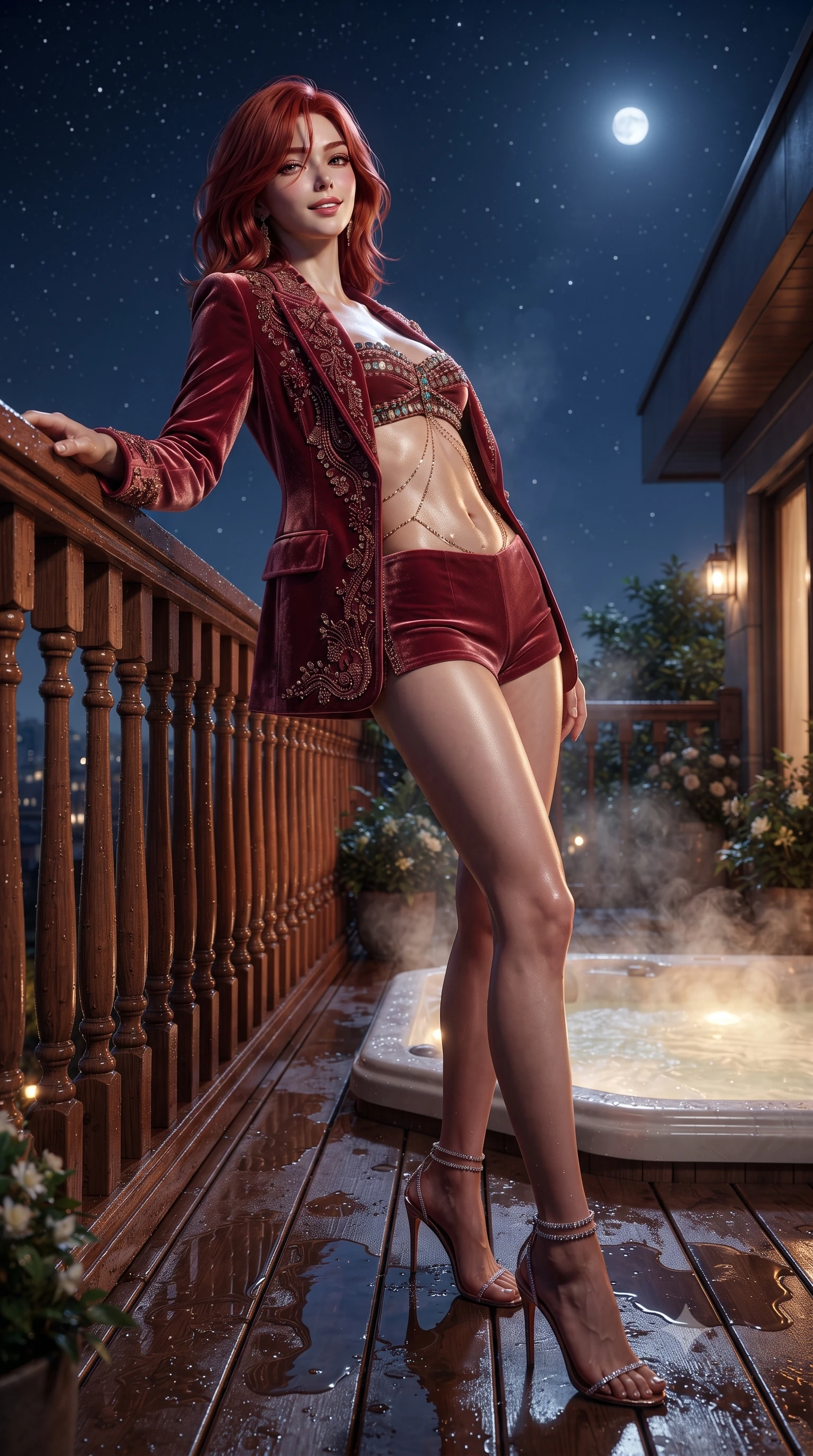 score_9, masterpiece, best quality, ultra-detailed, high-budget anime keyframe, editorial fashion photography, tasteful artistic composition, Korean woman. low angle full-body shot from head to toe showing her feet, filling the entire 9:16 vertical frame with her statuesque presence, stretching her vertical silhouette. leaning deep against the balcony balustrade with hips cocked back in an unapologetically alluring high-fashion stance, casting an intoxicating glance over the moonlit horizon while standing poised on the wet cedar wood deck beside the steaming hot tub, arching her back with athletic siren grace under the open night sky. The surrounding environment is rendered in vivid detail and crisp panoramic clarity: detailed wet-look garment cling, delicate waist chain shine, and open-air rooftop deck architecture in high resolution. She has an absolutely perfect, statuesque 8.5-heads proportion, an exceptionally tall and slender model-like female figure with impossibly long slender legs, an ultra-slim waist, a flat toned midriff, narrow delicate ribcage, and beautifully sculpted feminine hips creating a graceful, slim hourglass silhouette without any bulky heaviness. sharp v-shaped jawline, high-bridge nose, sparkling eyes with hypnotic seductive depth, thick curled eyelashes, glossy parted lips with a natural dewy peach sheen, alluring bedroom-eyes with an enchanting coquettish smile, exuding magnetic siren charisma and sophisticated high-fashion glamour, flawlessly proportioned anatomical accuracy, strict slender model proportions, natural body alignment, perfectly sculpted long slender limbs, ultra-slim waistline, clean dynamic posture without body distortion. wearing a tailored open-front satin smoking jacket worn over a jewel-embellished bandeau and micro-shorts in smoldering crimson wine and deep rose-gold, tailored from ultra-plush velvet with rich tactile depth and deep shadow gradients, complemented by strappy stiletto sandals with crystal ankle wraps accentuating her slender calves, the precision-cut side openings and low-back scoop framing her graceful spine and the sensual sweep of her slim, toned hips. bathed in warm underwater tub LED glow combined with celestial starry night ambient fill. ultra-reflective glossy finish, specular highlights, rich textural contrasts, high-contrast stereoscopic depth, volumetric dynamic lighting, 2k, ultra detail, master piece, 9:16 ratio