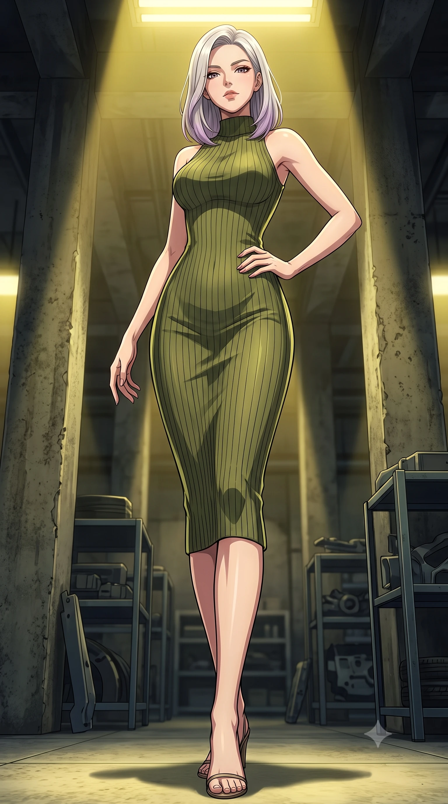 score_9, masterpiece, best quality, ultra-detailed, high-budget anime keyframe, tasteful artistic composition, Caucasian woman. low angle full-body shot from head to toe showing her feet, filling the entire 9:16 vertical frame with her statuesque presence, stretching her vertical silhouette. posing confidently with one hand on her hip, stretching her statuesque body to emphasize her curves the background shows a soft-focus a secret underground bunker garage with heavy concrete columns and steel racks. She has an absolutely perfect, statuesque 8.5-heads proportion, an exceptionally tall and slender model-like female figure with impossibly long slender legs and an ultra-slim waist. sharp v-shaped jawline, high-bridge nose, intricate jewel-like eyes with depth, thick eyelashes, glossy lips with a natural sheen. wearing a slim-fit form-contouring ribbed knit bodycon midi dress in olive green, tracing her slender silhouette with a high neck. harsh sodium yellow spotlights casting long dramatic industrial shadows. highly saturated vibrant anime colors, cel-shading, 2d style, master piece, 9:16 ratio