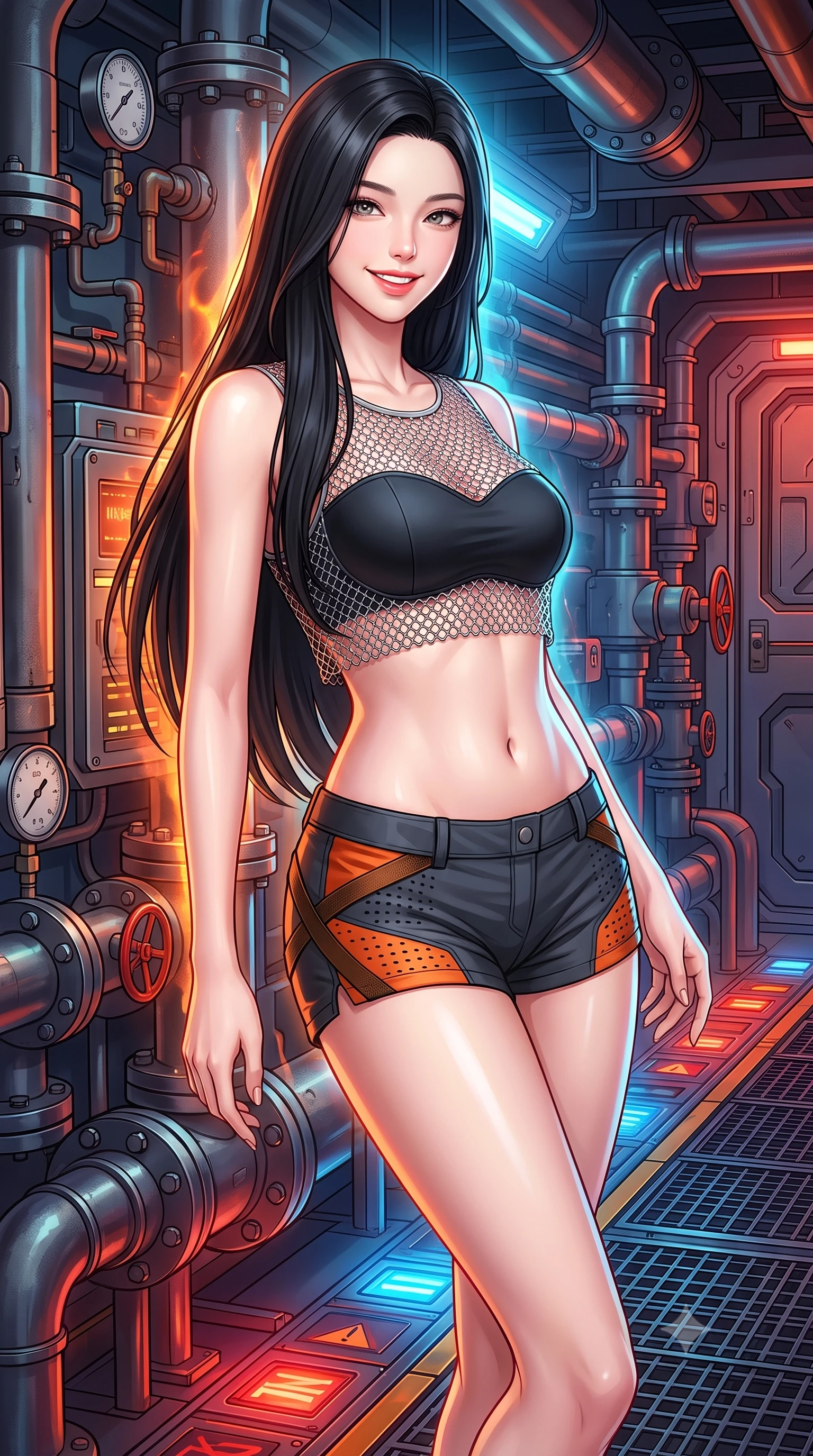 score_9, masterpiece, best quality, ultra-detailed, high-budget anime keyframe, semi-realistic 3D game render, editorial fashion photography, tasteful artistic composition, Korean woman. close-up cowboy shot from the waist and thighs up, the character dominates the composition, filling the frame with her large presence. leaning back against the glowing maintenance bulkhead with relaxed seductive grace, her flat midriff and narrow waist highlighted as laser ambient light traces her curves while twisting her slender torso in an alluring contrapposto stance, molten geothermal heat and cool atmosphere vents tracing her hourglass silhouette. The surrounding environment is rendered in vivid detail and crisp panoramic clarity: sharp heavy pipe flange bolts, steel catwalk grating textures, and steam pressure dial clarity in deep focus. She has an exceptionally elegant, slender, and willowy female figure with an ultra-slim waist, flat toned midriff, narrow ribcage, and sculpted feminine hips creating an alluring, slim hourglass silhouette without bulk. sharp v-shaped jawline, high-bridge nose, intricate jewel-like sparkling eyes with depth, thick eyelashes, glossy parted lips with a natural sheen, bright confident smile with an enchanting and coquettish sensual glint, exuding both youthful magnetic charm and sovereign high-tech allure, flawlessly proportioned anatomical accuracy, strict slender model proportions, natural body alignment, perfectly sculpted long slender limbs, ultra-slim waistline, clean dynamic posture without body distortion. wearing a delicate silver chainmail mesh crop top layered over a sculpted matte black bandeau with low-rise combat shorts in stealth charcoal slate and molten laser orange, made of high-grade ballistic nylon with precision laser-cut perforations, finished with criss-cross Kevlar tactical straps tracing her graceful shoulder blades, the form-fitting tactical tailoring adhering flawlessly to her sculpted flat midriff and slender torso, emphasizing her long leg lines and perfectly proportioned willowy build. illuminated by floor warning lights and sharp copper rim lighting sculpting her razor-sharp jawline, narrow waist, and curvy hips. highly saturated vibrant anime colors, detailed shading with soft gradients, rich glossy textures, high-contrast stereoscopic depth, volumetric dynamic lighting, master piece, 9:16 ratio