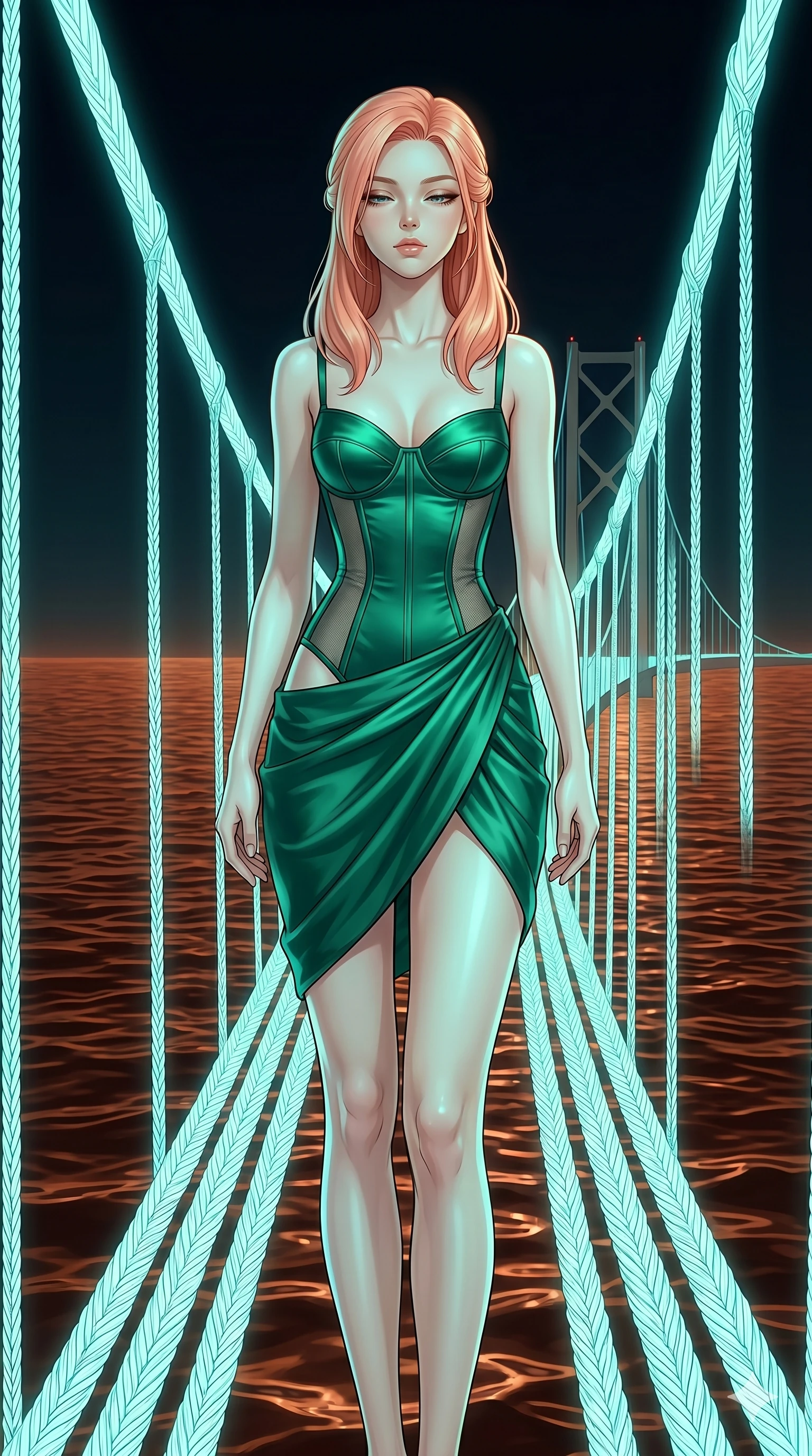 score_9, masterpiece, best quality, ultra-detailed, high-budget anime keyframe, editorial fashion photography, tasteful artistic composition, Japanese woman. cowboy shot from the thighs up, character and outfit filling the frame for maximum editorial presence. Arching her neck slightly with her eyes half-closed in composure on a suspension bridge made of braided light filaments overlooking a sea of liquid copper. She has an absolutely perfect 8-heads proportion, an exceptionally tall and slender female figure with impossibly long slender legs and an ultra-slim waist. V-shaped jawline, high-bridge nose, intricate jewel-like eyes with depth, thick eyelashes, glossy lips with a natural sheen. wearing a structured bodysuit with a corseted bodice in emerald satin and semi-opaque mesh side panels, layered under a draped silk wrap skirt in matching emerald. illuminated by soft aqua bioluminescent light that makes her skin luminously glow against the dark. 2k, ultra detail, master piece, 9:16 ratio
