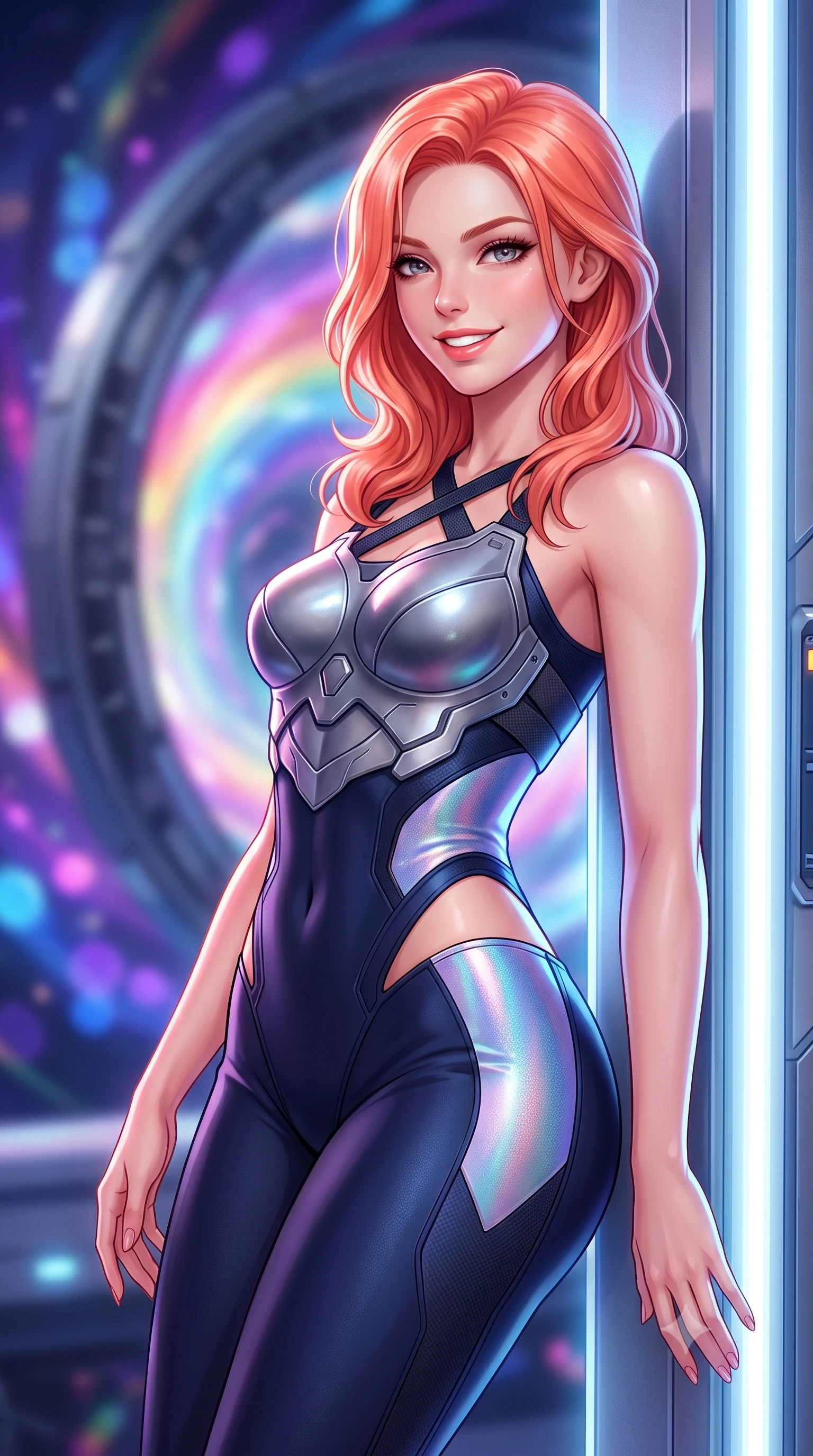 score_9, masterpiece, best quality, ultra-detailed, high-budget anime keyframe, semi-realistic 3D game render, editorial fashion photography, tasteful artistic composition, Japanese woman. close-up cowboy shot from the waist and thighs up, the character dominates the composition, filling the frame with her large presence. leaning back against the glowing maintenance bulkhead with relaxed seductive grace, her flat midriff and narrow waist highlighted as laser ambient light traces her curves while twisting her slender torso in an alluring contrapposto stance, gravitational lensing rays bending light across her narrow waist and hips. The background shows a soft-focus the colossal spinning warp gate ring and swirling rainbow vortex of folded spacetime blurred into prism, violet, and electric blue bokeh. She has an exceptionally elegant, slender, and willowy female figure with an ultra-slim waist, flat toned midriff, narrow ribcage, and sculpted feminine hips creating an alluring, slim hourglass silhouette without bulk. sharp v-shaped jawline, high-bridge nose, intricate jewel-like sparkling eyes with depth, thick eyelashes, glossy parted lips with a natural sheen, bright confident smile with an enchanting and coquettish sensual glint, exuding both youthful magnetic charm and sovereign high-tech allure, flawlessly proportioned anatomical accuracy, strict slender model proportions, natural body alignment, perfectly sculpted long slender limbs, ultra-slim waistline, clean dynamic posture without body distortion. wearing a sculpted titanium-alloy breastplate bodice worn over an ultra-tight matte stretch bodysuit with side hip cutouts in midnight navy blue and holographic iridescent shimmer, crafted from lightweight aerodynamic matte carbon-fiber weave with structural stiffness, finished with criss-cross Kevlar tactical straps tracing her graceful shoulder blades, the high-waisted tailoring accentuating her ultra-slim waistline and the enchanting curve of her feminine hips with alluring dark charm. illuminated by platform safety beacons and sharp platinum rim lights sculpting her razor-sharp jawline, narrow waist, and curvy hips. highly saturated vibrant anime colors, detailed shading with soft gradients, rich glossy textures, high-contrast stereoscopic depth, volumetric dynamic lighting, master piece, 9:16 ratio