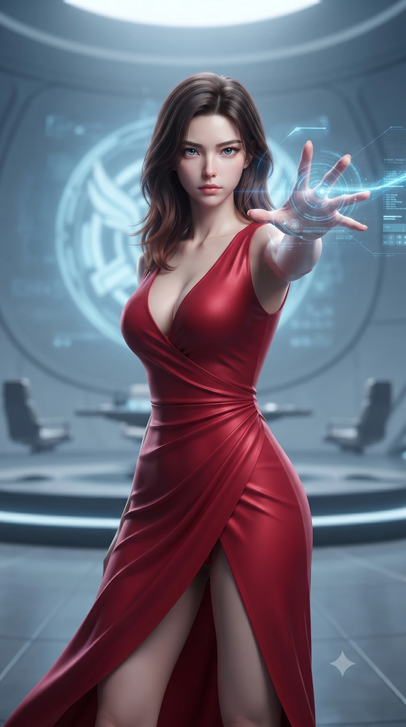 score_9, masterpiece, best quality, ultra-detailed, high-budget anime keyframe, editorial fashion photography, tasteful artistic composition, realistic cosplay photography, Korean woman. close-up cowboy shot from the waist and thighs up, the character dominates the composition, filling the frame with her large presence, background elements kept in soft focus. Casting a digital tracking wave with an outstretched hand, her gaze locked on the escaping target. set against a soft-focus background of a massive circular chamber with floating seats and a large central emblem projection in blue light. She has an exceptionally elegant and slender, willowy female figure with an ultra-slim waist, a gracefully sculpted slender torso, and a refined slim physique. sharp v-shaped jawline, high-bridge nose, intricate jewel-like eyes with depth, thick eyelashes, glossy lips with a natural sheen. wearing catching and diffusing the glowing particles, shimmering softly in response to the surrounding light, a body-hugging crimson red jersey dress featuring a deep plunging neckline and an asymmetric wrap skirt with a high slit. soft glowing ambient light with sharp side key light tracing the sleek contours of her figure. ultra-reflective glossy finish, specular highlights, metallic sheen, high-contrast stereoscopic depth, volumetric dynamic lighting, 2k, ultra detail, master piece, 9:16 ratio