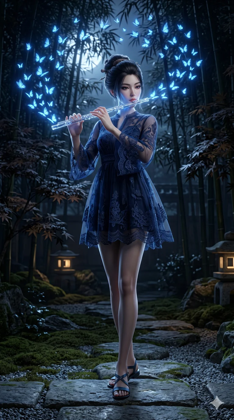 score_9, masterpiece, best quality, ultra-detailed, photorealistic 8k CG render, an incredibly beautiful Japanese woman. Full-body shot stretching the vertical silhouette, dominating the 9:16 frame. She is a musician playing a glass flute that summons hundreds of glowing blue butterflies. She possesses a statuesque height and a towering silhouette, highlighting her long slender legs and perfect 8-heads proportion. Her face is a highly detailed masterpiece featuring a sharp v-shaped jawline, high-bridge nose, intricate jewel-like eyes, thick eyelashes, and glossy lips. She is wearing a sheer fabric mini-dress adorned with intricate lace. A traditional garden at night, moonlight piercing through bamboo, dramatic rim lighting., 2k, ultra detail, master piece, 9:16 ratio