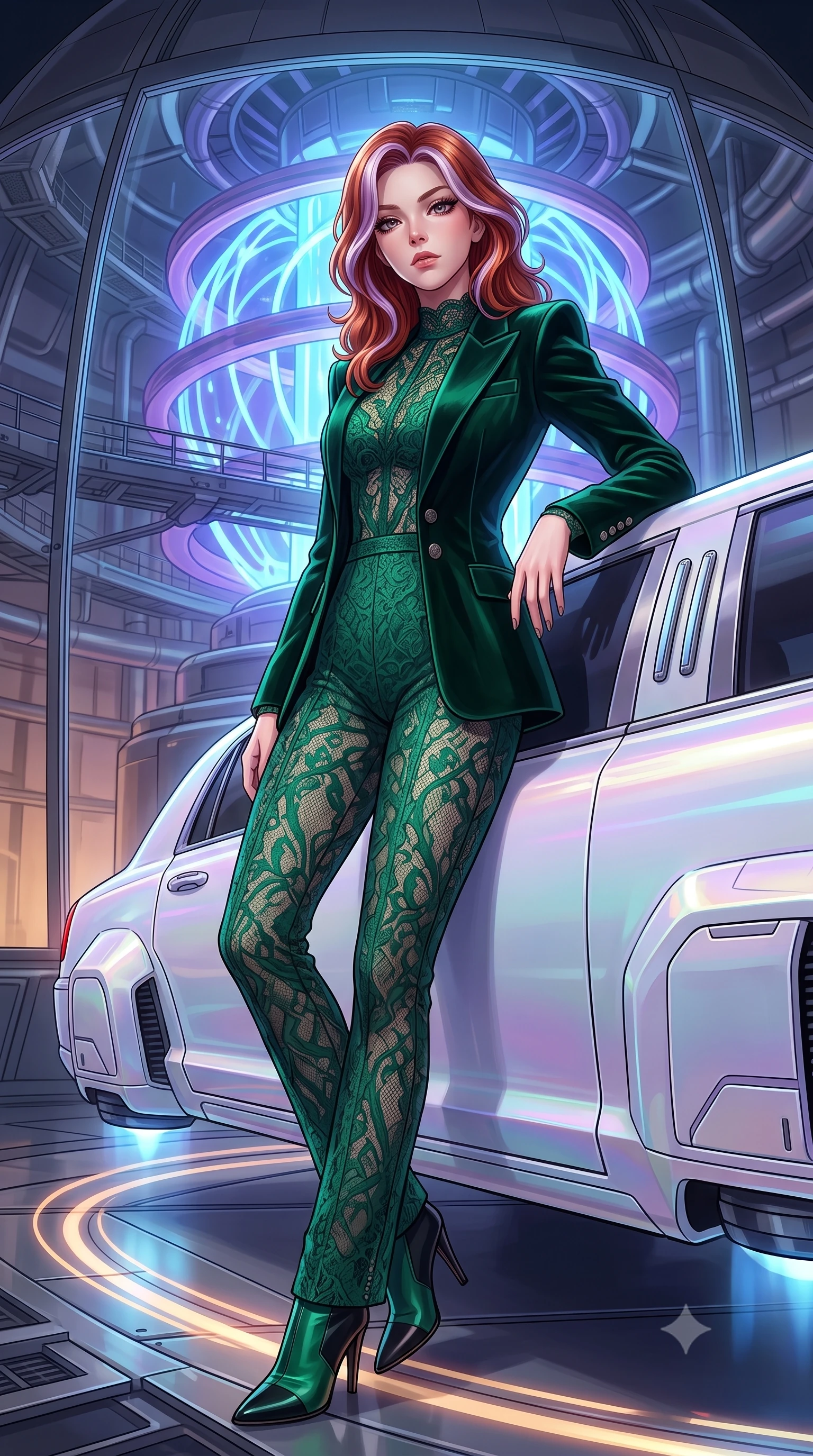score_9, masterpiece, best quality, ultra-detailed, High-budget Anime Keyframe, Caucasian woman, strictly human ears. Low angle cowboy shot filling the entire 9:16 frame with her statuesque presence. Scenario 445: leaning against a sleek white hover-limousine by a secret bio-dome containing a giant glowing fusion reactor. Her presence is magnetic and overpowering in this high-budget anime scene. Outfit 445: a tailored emerald green micro-mesh lace jumpsuit layered under a structured velvet blazer. The clothing is designed to emphasize her exceptionally tall and slender 8-heads proportion. 8-heads proportion, towering silhouette, ultra-slim waist. sharp v-shaped jawline, intricate jewel-like eyes with depth, thick eyelashes, glossy lips. 2k, ultra detail, master piece, 9:16 ratio