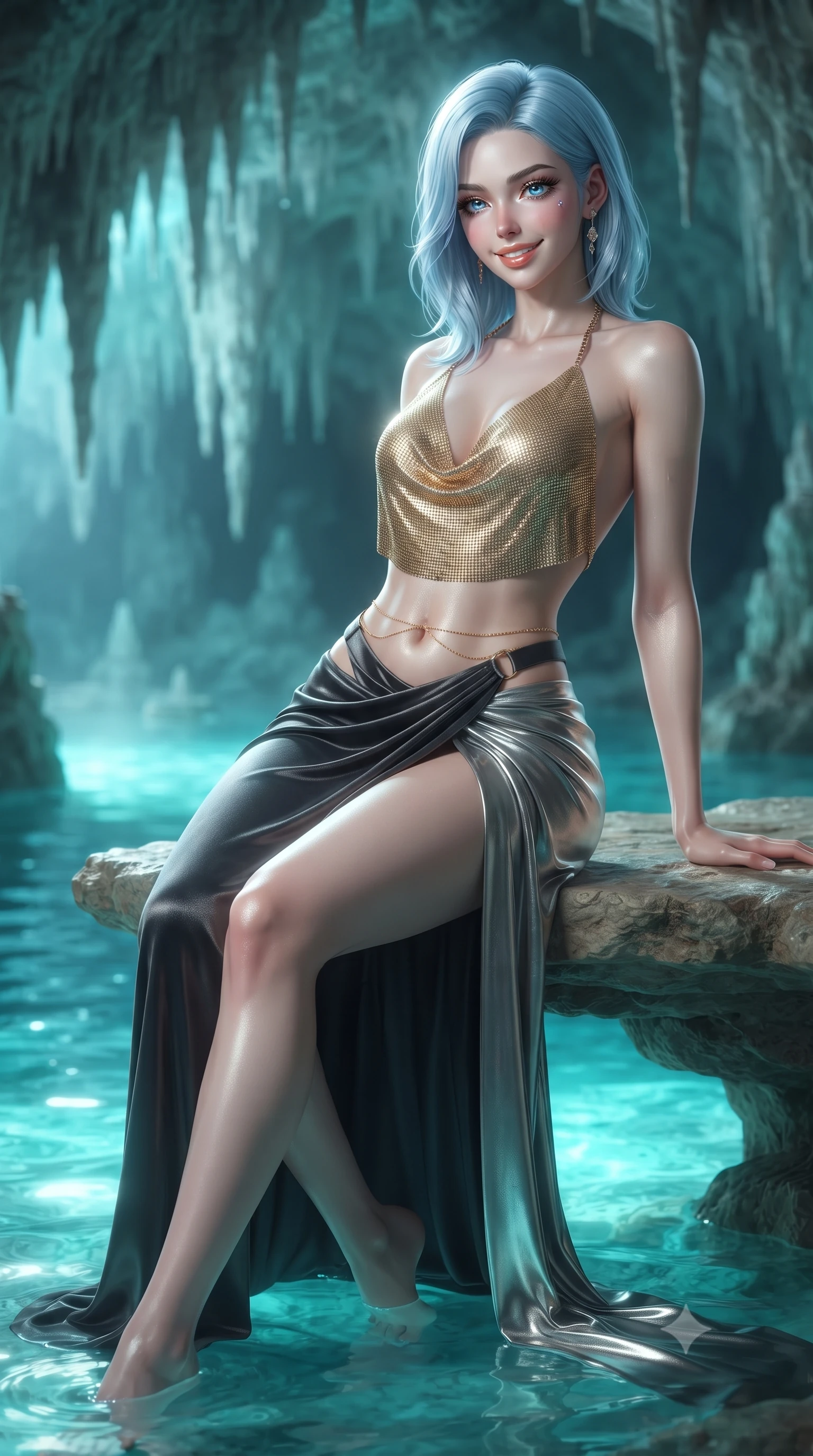 score_9, masterpiece, best quality, ultra-detailed, high-budget anime keyframe, editorial fashion photography, tasteful artistic composition, Korean woman. close-up cowboy shot from the waist and thighs up, the character dominates the composition, filling the frame with her large presence. perched sideways on the lounge seat, one knee drawn up to showcase her slender leg line while her arched back accentuates her feminine hip curve while sitting gracefully on the natural stone shelf propped on one hand, her long slender legs trailing in the illuminated turquoise tide. The background shows a soft-focus dripping mineral stalactites softened in intimate mystical grotto shallow focus. She has an exceptionally elegant, slender, and willowy female figure with an ultra-slim waist, flat toned midriff, narrow ribcage, and sculpted feminine hips creating an alluring, slim hourglass silhouette without bulk. sharp v-shaped jawline, high-bridge nose, intricate jewel-like sparkling eyes with depth, thick eyelashes, glossy parted lips with a natural peach sheen, bright cheerful beaming smile with an enchanting and coquettish sensual glint, exuding both youthful cute charm and seductive allure, flawlessly proportioned anatomical accuracy, strict slender model proportions, natural body alignment, perfectly sculpted long slender limbs, ultra-slim waistline, clean dynamic posture without body distortion. wearing a shimmering liquid gold chainmail halter cowl top paired with a draped high-slit silk maxi skirt and waist harness in smoky charcoal noir and reflective metallic platinum, tailored from ultra-plush silk velvet with rich tactile depth and deep shadow gradients, accented with a dainty gold belly chain resting across her flat midriff and curving hips, the second-skin tailored fabric adhering flawlessly to her sculpted flat midriff and slender torso, emphasizing her long leg lines and perfectly proportioned willowy build. bathed in ethereal bioluminescent cyan-teal glow radiating from the sea water mixed with cool silver moonlight. ultra-reflective glossy finish, specular highlights, rich textural contrasts, high-contrast stereoscopic depth, volumetric dynamic lighting, 2k, ultra detail, master piece, 9:16 ratio