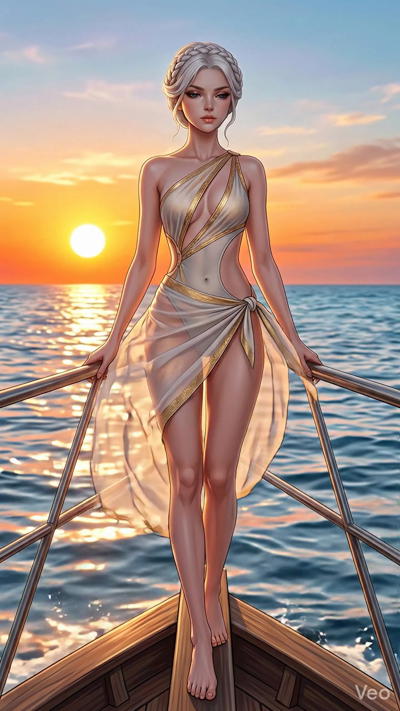 A serene shot of a woman with braided silver hair standing on the bow of a wooden boat at sunset. The golden sun reflects off the gentle ocean waves. Her white and gold sheer wrap flutters softly in the warm sea breeze. She looks out toward the horiz