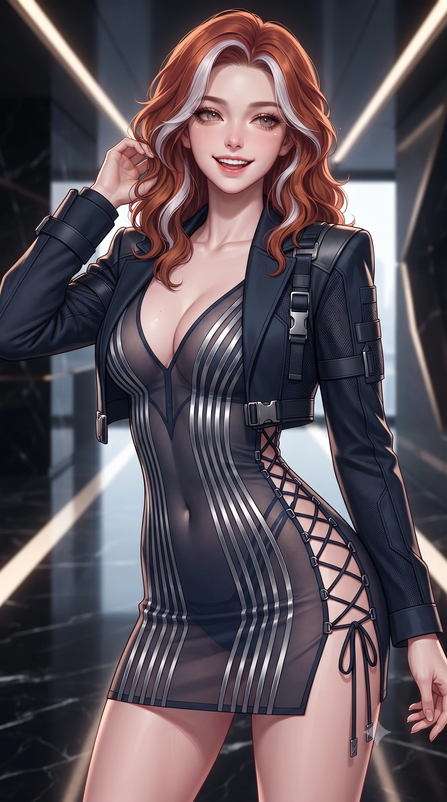 score_9, masterpiece, best quality, ultra-detailed, high-budget anime keyframe, editorial fashion photography, tasteful artistic composition, Caucasian woman. close-up cowboy shot from the waist and thighs up, the character dominates the composition, filling the frame with her large presence. gently brushing a lock of hair behind her ear while casting a playful, flirtatious side-gaze with long eyelashes while twisting her slender torso in an alluring contrapposto stance, distant laser sky-beams casting architectural shadow lines across her narrow waist and hips. The surrounding environment is rendered in vivid detail and crisp panoramic clarity: detailed haute-couture tactical blazer, rich fabric textures, and executive high-tech interior design in razor-sharp precision. She has an exceptionally elegant, slender, and willowy female figure with an ultra-slim waist, flat toned midriff, narrow ribcage, and sculpted feminine hips creating an alluring, slim hourglass silhouette without bulk. sharp v-shaped jawline, high-bridge nose, intricate jewel-like sparkling eyes with depth, thick eyelashes, glossy parted lips with a natural peach sheen, bright cheerful beaming smile with an enchanting and coquettish sensual glint, exuding both youthful cute charm and seductive allure, flawlessly proportioned anatomical accuracy, strict slender model proportions, natural body alignment, perfectly sculpted long slender limbs, ultra-slim waistline, clean dynamic posture without body distortion. wearing a plunge-front sheer illusion tulle combat slip dress with liquid platinum ribbon stripes hugging her curves in midnight carbon navy and polished chrome, woven from fine semi-opaque stretch illusion mesh tracing her slender contours, featuring fine criss-cross lace-up side ties revealing tantalizing glimpses of her hip curve, the glove-like clinging cut tightly following the natural contour of her hips and long slender legs with youthful 8.5-heads elegance. illuminated by black marble floor bounce and sharp champagne-gold rim lights defining her razor-sharp jawline, narrow waist, and curvy hips. ultra-reflective glossy finish, specular highlights, rich textural contrasts, high-contrast stereoscopic depth, volumetric dynamic lighting, 2k, ultra detail, master piece, 9:16 ratio