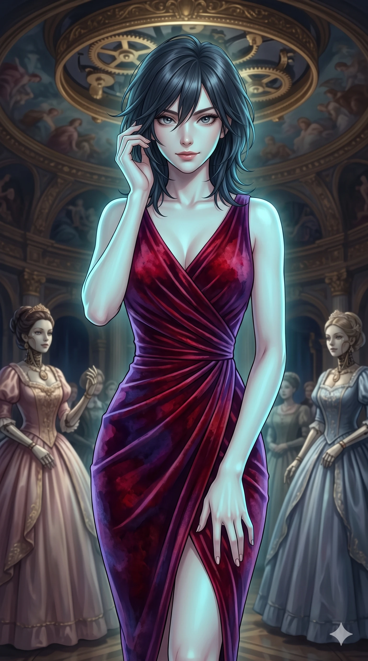 score_9, masterpiece, best quality, ultra-detailed, high-budget anime keyframe, editorial fashion photography, tasteful artistic composition, Caucasian woman, strictly human ears. close-up cowboy shot from the waist and thighs up, the character dominates the composition, filling the frame with her large presence, background elements kept in soft focus. Gently brushing hair from her face with an enigmatic half-smile. set against a soft-focus background of an ornate Victorian ballroom populated by elegant life-sized clockwork automatons in ball gowns with a massive gilded music box mechanism rotating slowly in the frescoed ceiling above. She has an exceptionally elegant and slender, willowy female figure with an ultra-slim waist, a gracefully sculpted slender torso, and a refined slim physique. sharp v-shaped jawline, high-bridge nose, intricate jewel-like eyes with depth, thick eyelashes, glossy lips with a natural sheen. wearing a wrap-front fitted midi dress in deep crimson and violet watercolor velvet, drawing focus to her slender waist through strategic draping. soft aqua bioluminescent light making her skin luminously glow against darkness. 2k, ultra detail, master piece, 9:16 ratio