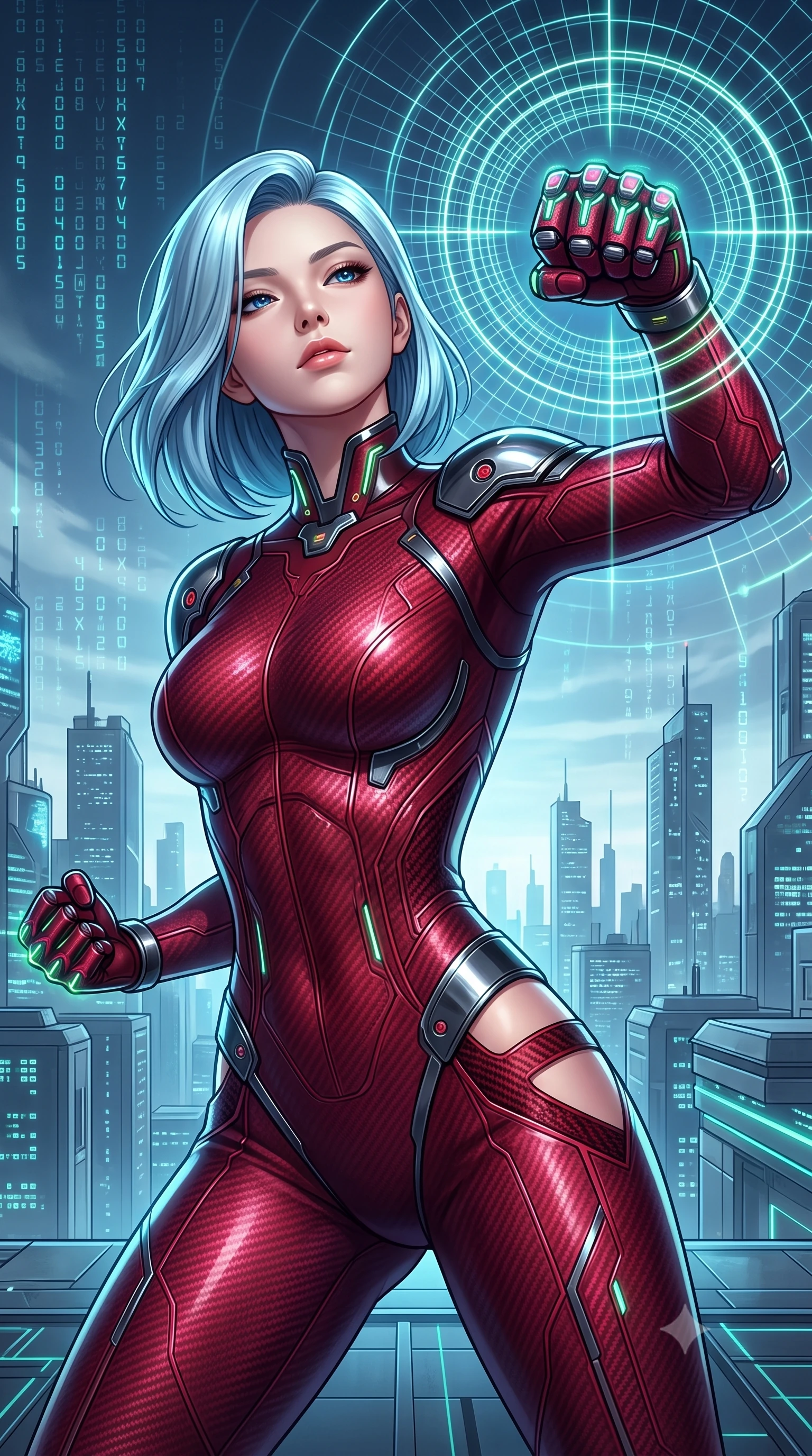 score_9, masterpiece, best quality, ultra-detailed, high-budget anime keyframe, semi-realistic 3D game render, editorial fashion photography, tasteful artistic composition, Korean woman. close-up cowboy shot from the waist and thighs up, the character dominates the composition, filling the frame with her large presence. tilting her head back with serene warrior composure, her sharp jawline and sculpted collarbones highlighted by glowing neon kinetic knuckles while pivoting dynamically as she delivers a precision fist strike into the air, causing quantum grid lines to ripple outward. The surrounding environment is rendered in vivid detail and crisp panoramic clarity. intricate carbon suit nano-circuit lines, glowing knuckle LEDs, and matrix code glyphs in high clarity. She has an exceptionally elegant, slender, and willowy female figure with an ultra-slim waist, a gracefully sculpted slender torso, toned flat midriff, and a refined slim silhouette. sharp v-shaped jawline, high-bridge nose, intricate jewel-like eyes with depth, thick eyelashes, glossy lips with a natural sheen, flawlessly proportioned anatomical accuracy, strict slender model proportions, natural body alignment, perfectly sculpted long slender limbs, ultra-slim waistline, clean dynamic posture without body distortion. wearing a skin-tight crimson carbon-weave battle-suit with metallic dark chrome elbow dampers and hip-accentuating cutouts in deep crimson carbon weave with specular dark chrome accents, made of lightweight aerodynamic carbon-titanium alloy with polished edge bevels, featuring a sleek aerodynamic collar framed by subtle glowing cybernetic status LEDs, the sleek second-skin cut tightly hugging her graceful clavicle, narrow waist, and feminine curves with athletic precision. illuminated by sharp specular highlights tracing her ultra-slim waist, long legs, and sculpted collarbones. rich saturated anime colors with glowing neon highlights, detailed shading with soft gradients, rich glossy textures, high-contrast stereoscopic depth, volumetric dynamic lighting, master piece, 9:16 ratio