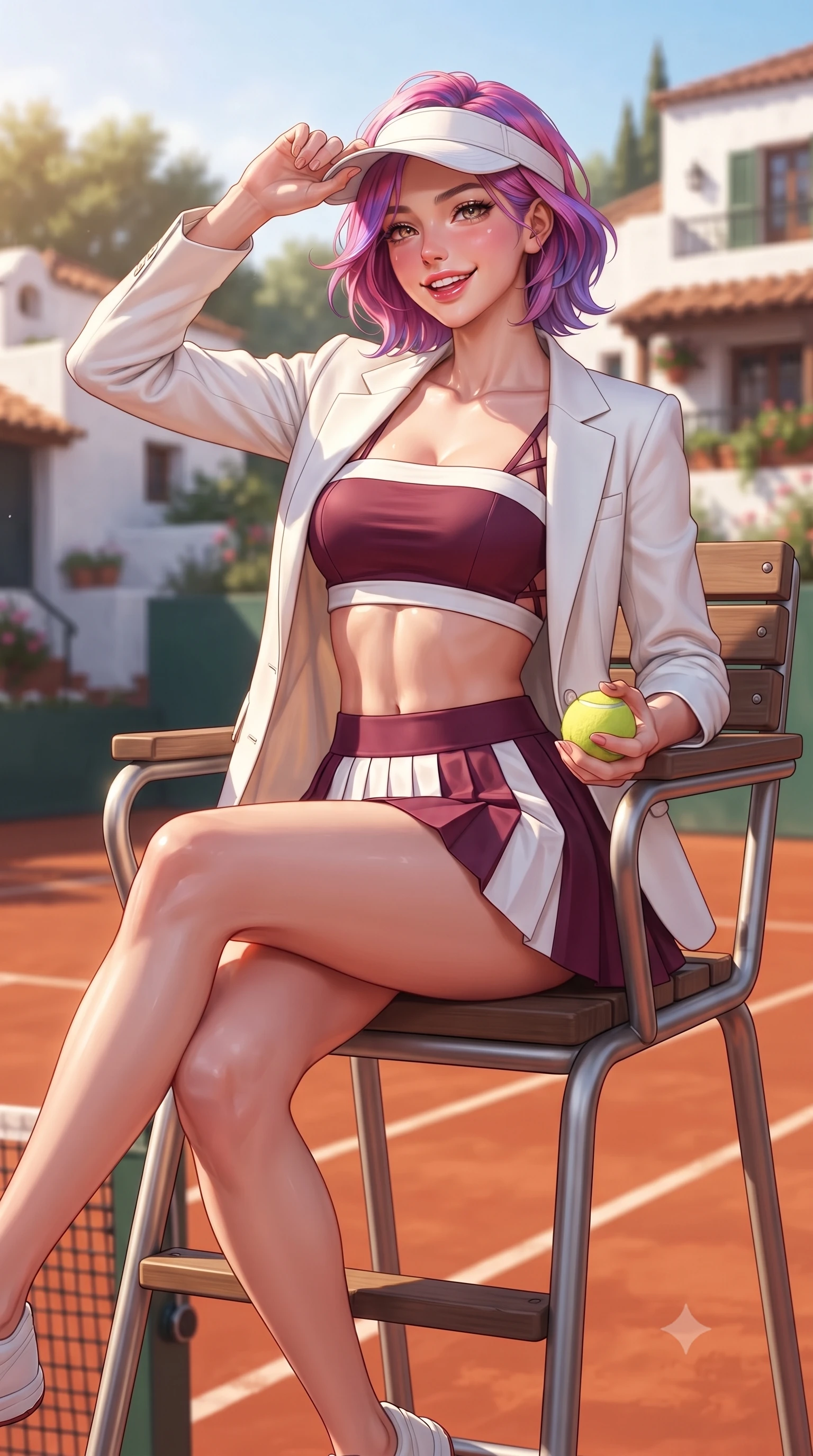 score_9, masterpiece, best quality, ultra-detailed, high-budget anime keyframe, editorial fashion photography, tasteful artistic composition, Caucasian woman. close-up cowboy shot from the waist and thighs up, the character dominates the composition, filling the frame with her large presence. tilting her head with a cute beaming smile while arching her spine with athletic poise, one hand adjusting her racing visor in a flirtatious S-curve while sitting gracefully on the clay court umpire chair with legs crossed, holding a tennis ball while flashing a playful, teasing smile with glossy lips. The surrounding environment is rendered in vivid detail and crisp panoramic clarity: detailed piqué knit texture, dewy post-match glow on skin, and legendary Mediterranean tennis architecture in high resolution. She has an exceptionally elegant, slender, and willowy female figure with an ultra-slim waist, flat toned midriff, narrow ribcage, and sculpted feminine hips creating an alluring, slim hourglass silhouette without bulk. sharp v-shaped jawline, high-bridge nose, sparkling eyes with athletic focus and depth, thick curled eyelashes, glossy parted lips with a natural coral-peach sheen, bright confident and coquettish smile with alluring bedroom-eyes, exuding both youthful sporty vigor and sovereign high-society glamour, flawlessly proportioned anatomical accuracy, strict slender model proportions, natural body alignment, perfectly sculpted long slender limbs, ultra-slim waistline, clean dynamic posture without body distortion. wearing a tailored white blazer worn open over a plunging racing bandeau top and pleated tennis micro-skirt in rich burgundy wine and crisp court white, tailored from crisp cotton poplin with clean aerodynamic structural lines, finished with criss-cross back athletic straps highlighting her graceful shoulder blades, the precision-cut side openings and low-back scoop framing her graceful spine and the sensual sweep of her slim, athletic hips. bathed in warm sunny afternoon light reflecting off the red clay surface and whitewashed club walls. ultra-reflective glossy finish, specular highlights, rich textural contrasts, high-contrast stereoscopic depth, volumetric dynamic lighting, 2k, ultra detail, master piece, 9:16 ratio