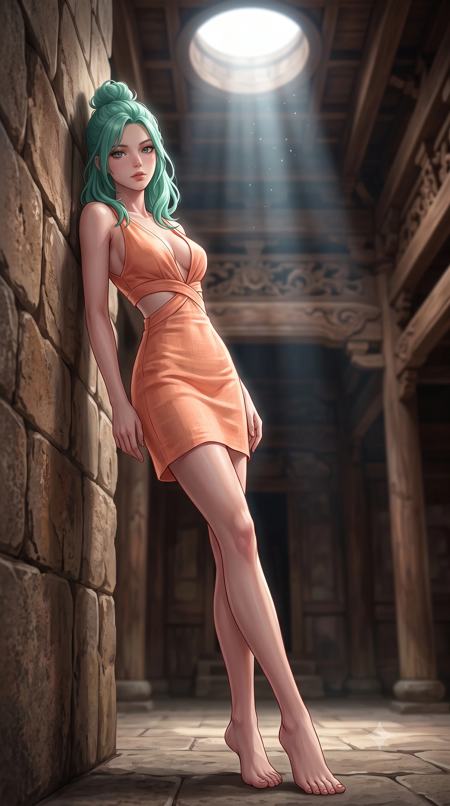 score_9, masterpiece, best quality, ultra-detailed, high-budget anime keyframe, editorial fashion photography, tasteful artistic composition, Japanese woman. low angle full-body shot from head to toe showing her feet, filling the entire 9:16 vertical frame with her statuesque presence, stretching her vertical silhouette. leaning back against a rustic stone wall, casting a slow, alluring gaze at the camera the background shows a soft-focus an ancient temple hall with starlight filtering through a circular ceiling oculus. She has an absolutely perfect, statuesque 8.5-heads proportion, an exceptionally tall and slender model-like female figure with impossibly long slender legs and an ultra-slim waist. sharp v-shaped jawline, high-bridge nose, intricate jewel-like eyes with depth, thick eyelashes, glossy lips with a natural sheen. wearing a form-contouring summer sundress with double waist cutouts and a plunging neckline in peach linen. volumetric sunbeam-like starlight shaft casting a dramatic key light. highly saturated vibrant anime colors, detailed shading with soft gradients, rich glossy textures, high-contrast stereoscopic depth, volumetric dynamic lighting, master piece, 9:16 ratio