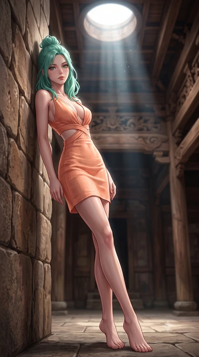 score_9, masterpiece, best quality, ultra-detailed, high-budget anime keyframe, editorial fashion photography, tasteful artistic composition, Japanese woman. low angle full-body shot from head to toe showing her feet, filling the entire 9:16 vertical