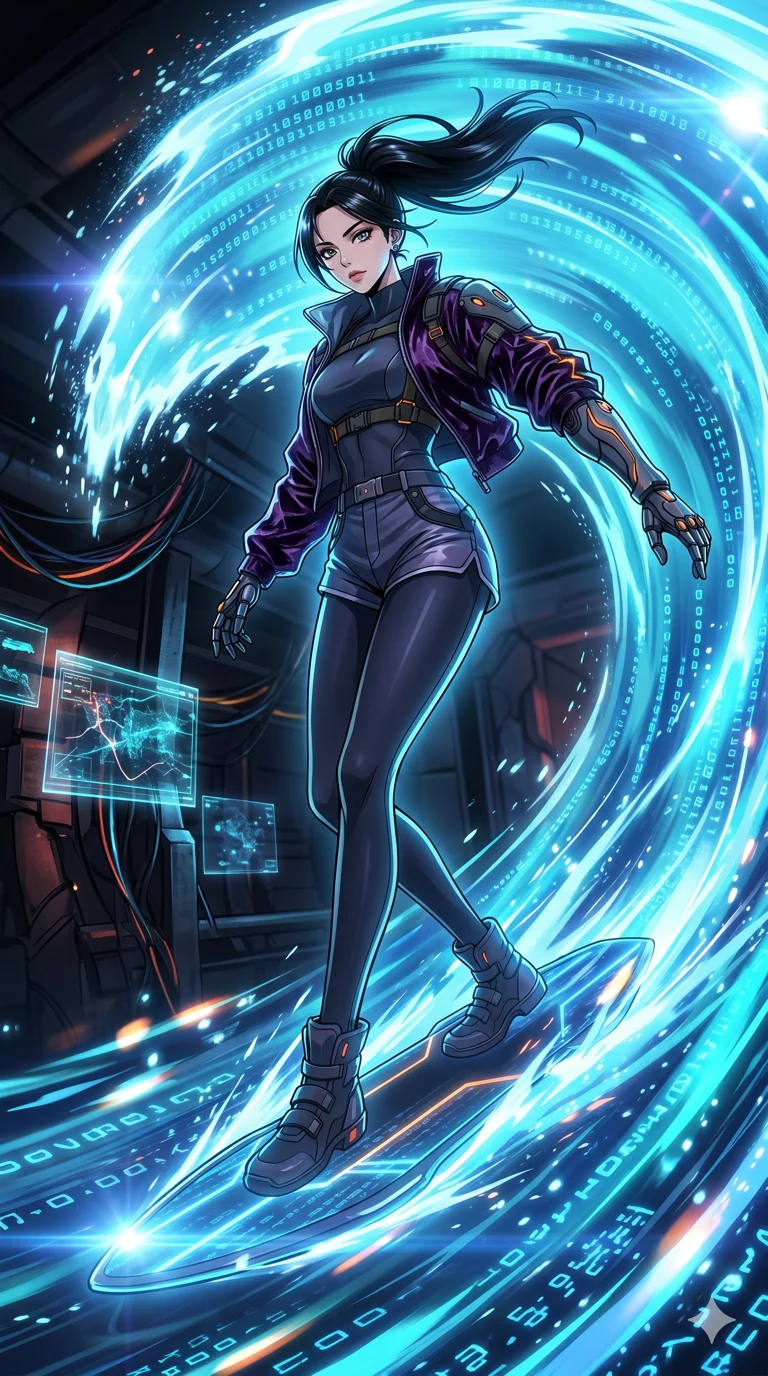 score_9, masterpiece, best quality, ultra-detailed, High-budget Anime Keyframe, vibrant colors, fluid line-art, expressive lighting, cinematic composition, Ufotable-style visual effects, top-tier animation quality, Korean woman with idol-like refined features. Dramatic low angle looking up at her majestic stature, dominating the vertical space of the composition. Surfing on a massive wave of pure data within a virtual world, the landscape changing rapidly as she speeds through. She has an absolutely perfect 8-heads proportion, an exceptionally tall and slender female figure with impossibly long slender legs and an ultra-slim waist, her statuesque height and towering silhouette dominating the vertical 9:16 frame. Her face is a masterpiece featuring a sharp v-shaped jawline, high-bridge nose, intricate jewel-like eyes with depth, thick eyelashes, and glossy lips with a natural sheen. She is wearing a Cyber-augmented streetwear featuring mechanical arm parts and a micro-shorts/harness combo crafted from Crushed dark velvet with a deep, rich texture that absorbs light and glows at the edges, unzipped deeply to reveal a daring glimpse of her chest and a high-cut leg line. The scene is set in an underground rebel bunker with flickering holographic screens and tactical maps, illuminated by cinematic lighting with dramatic rim light that highlights her slender silhouette. 2k, ultra detail, master piece, 9:16 ratio