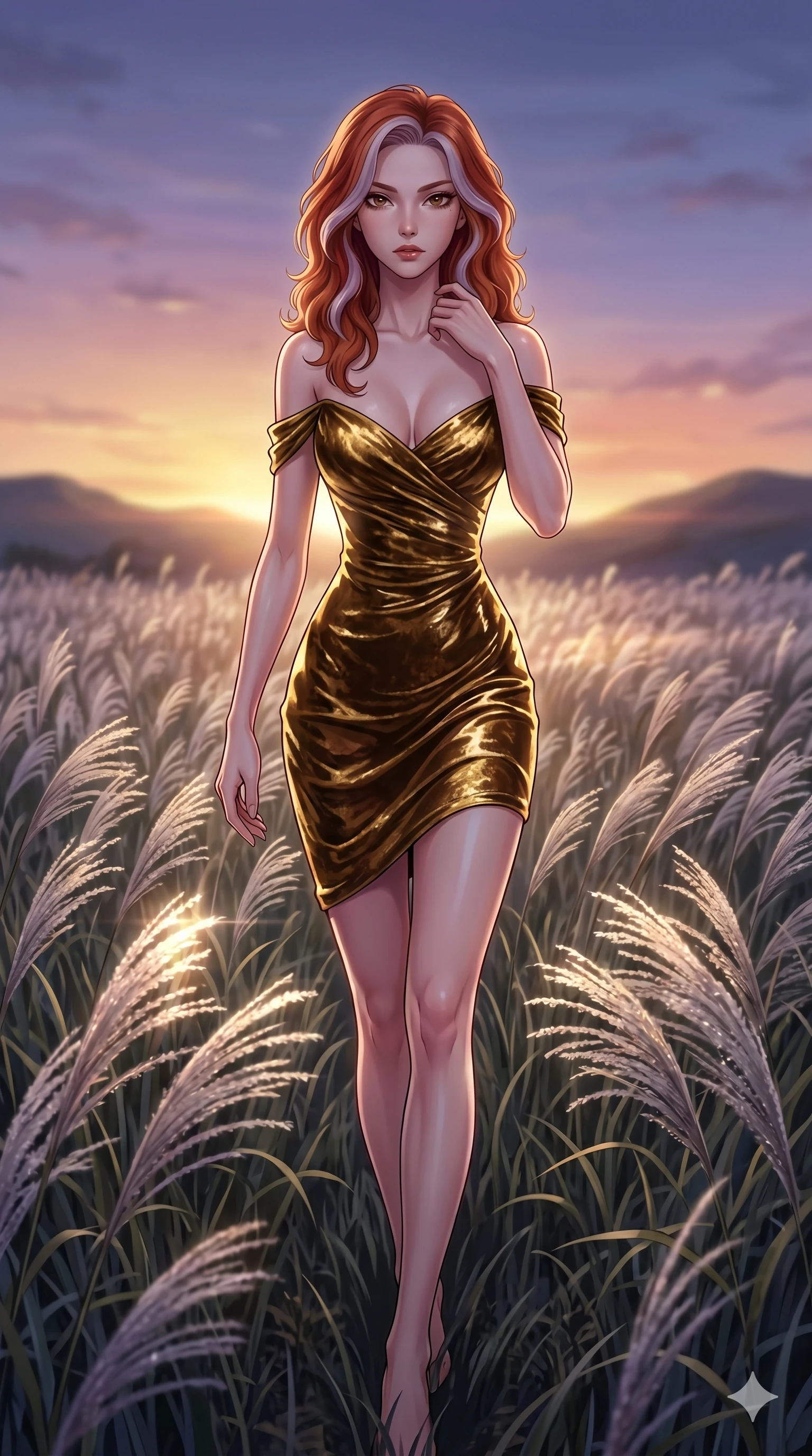 score_9, masterpiece, best quality, ultra-detailed, High-budget Anime Keyframe, East Asian woman. Dynamic full-body shot stretching the vertical silhouette to the limit. Scenario 228: Walking through a field of tall silver grass at twilight. Her presence is magnetic and overpowering in this high-budget anime scene. Outfit 228: A crushed dark velvet gold with a low-cut shoulder and wet-look texture. The clothing is designed to emphasize her exceptionally tall and slender 8-heads proportion. 8-heads proportion, towering silhouette, ultra-slim waist. sharp v-shaped jawline, intricate jewel-like eyes with depth, thick eyelashes, glossy lips. 2k, ultra detail, master piece, 9:16 ratio