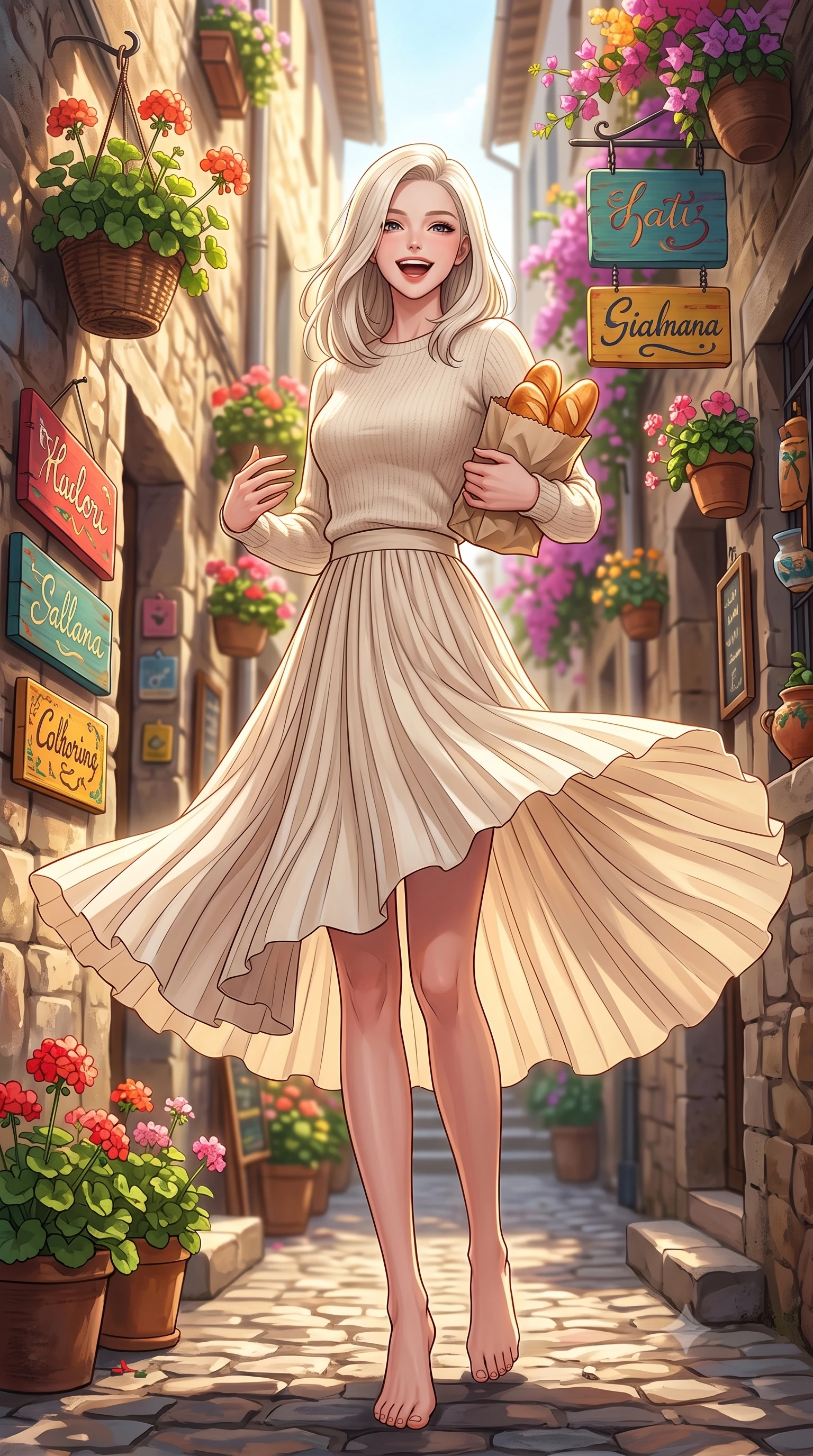 score_9, masterpiece, best quality, ultra-detailed, high-budget anime keyframe, editorial fashion photography, tasteful artistic composition, Caucasian woman. low angle full-body shot from head to toe showing her feet, filling the entire 9:16 vertical frame with her statuesque presence, stretching her vertical silhouette. twirling around with a playful, cute laugh, her skirt billowing beautifully in the air set against a soft-focus background of in a colorful alley decorated with hanging flower baskets and wooden signs holding a small paper bag of fresh warm bread, smiling cutely. She has an absolutely perfect, statuesque 8.5-heads proportion, an exceptionally tall and slender model-like female figure with impossibly long slender legs and an ultra-slim waist. sharp v-shaped jawline, high-bridge nose, intricate jewel-like eyes with depth, thick eyelashes, glossy lips with a natural sheen. wearing form-contouring cozy knit sweater in cream, paired with a flowy pleated midi skirt. warm afternoon sunlight filtering down between the narrow alley buildings. highly saturated vibrant anime colors, detailed shading with soft gradients, rich glossy textures, high-contrast stereoscopic depth, volumetric dynamic lighting, master piece, 9:16 ratio
