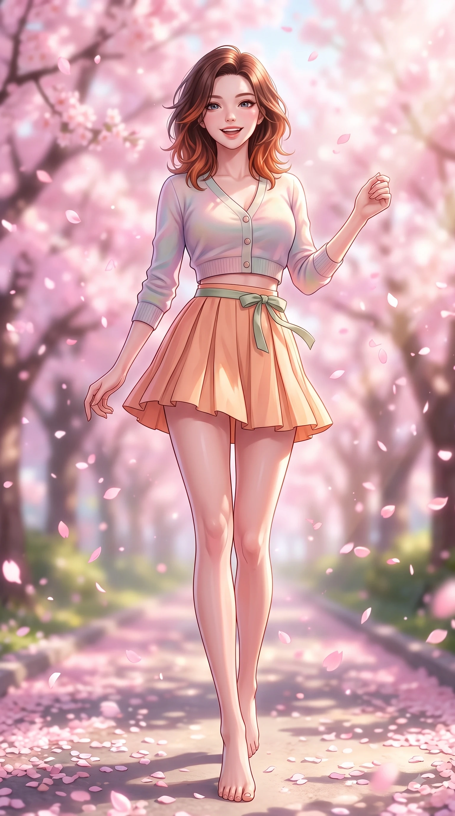 score_9, masterpiece, best quality, ultra-detailed, high-budget anime keyframe, editorial fashion photography, tasteful artistic composition, Korean woman. low angle full-body shot from head to toe showing her feet, filling the entire 9:16 vertical frame with her statuesque presence, stretching her vertical silhouette. stepping forward gracefully in mid-motion with a delighted cute expression, displaying her statuesque model proportions while pivoting dynamically with a beaming smile as delicate pink cherry blossom petals shower around her. The composition keeps background elements in soft focus with dreamy bokeh. fluttering sakura petals and sunlit park pathways softened in romantic background blur. She has an absolutely perfect, statuesque 8.5-heads proportion, an exceptionally tall and slender model-like female figure with impossibly long slender legs and an ultra-slim waist. sharp v-shaped jawline, high-bridge nose, intricate jewel-like eyes with depth, thick eyelashes, glossy lips with a natural sheen, flawlessly proportioned anatomical accuracy, natural body alignment, perfectly sculpted elegant limbs, clean dynamic posture without body distortion. wearing a chic cropped pastel cardigan with a high-waisted pleated tennis skirt in warm apricot and sage green, crafted from soft breathable linen, accented with a dainty waist ribbon bow, the tailored casual silhouette highlighting her fresh and youthful presence. illuminated by soft glowing pink ambient light and clear sky refractions. highly saturated vibrant anime colors, detailed shading with soft gradients, rich glossy textures, high-contrast stereoscopic depth, volumetric dynamic lighting, master piece, 9:16 ratio