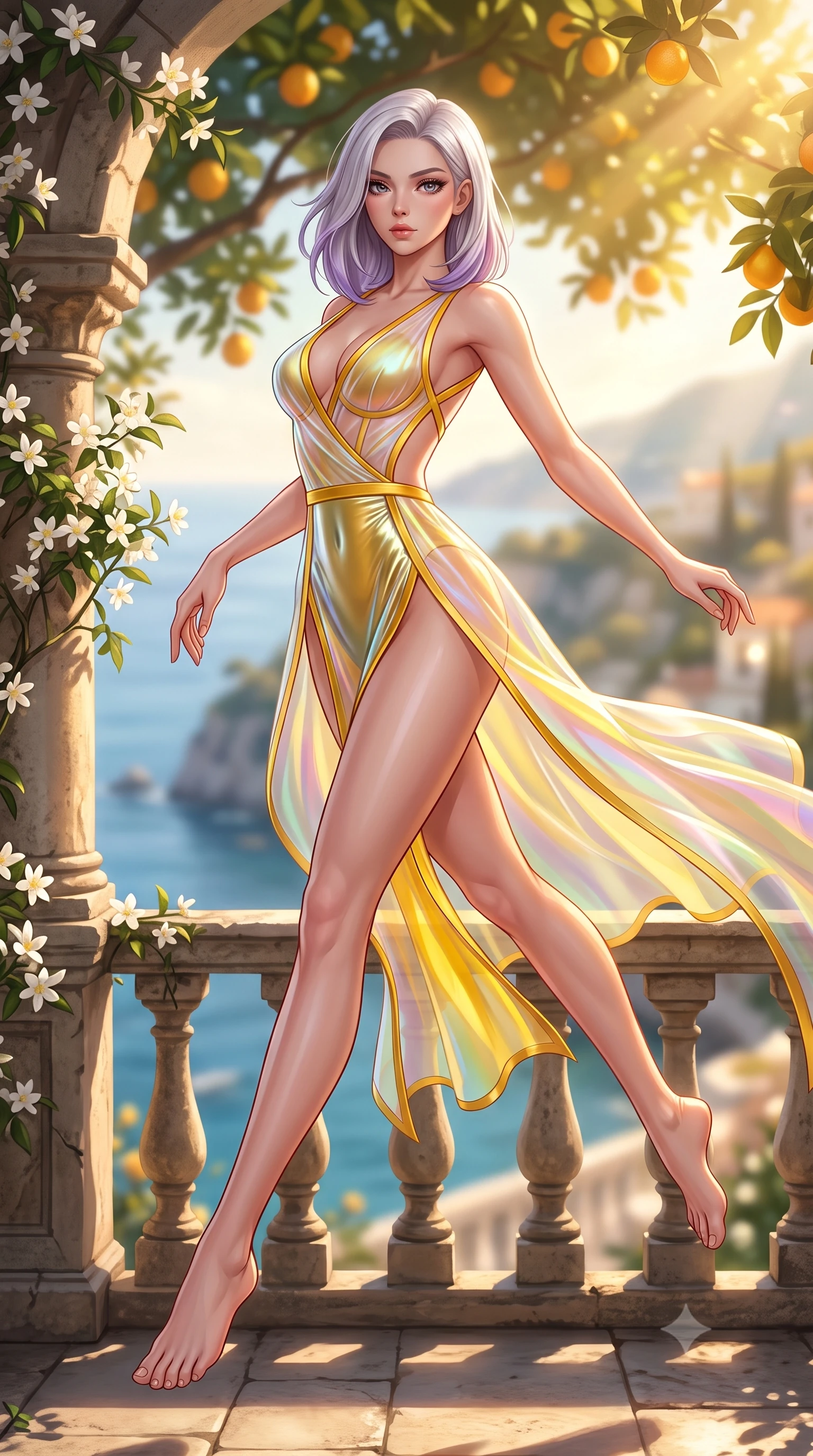 score_9, masterpiece, best quality, ultra-detailed, high-budget anime keyframe, semi-realistic 3D game render, editorial fashion photography, tasteful artistic composition, Caucasian woman. low angle full-body shot from head to toe showing her feet, filling the entire 9:16 vertical frame with her statuesque presence, stretching her vertical silhouette. leaping through mid-air with an athletic yet alluring arch of her spine, her impossibly long slender legs stretched in flawless poise while leaning against an antique stone balustrade draped in fragrant jasmine flowers as afternoon breezes flutter her dress. The composition keeps background elements in soft focus with creamy bokeh. distant coastal cliffs and sapphire sea waters softened in dreamy shallow depth of field. She has an absolutely perfect, statuesque 8.5-heads proportion, an exceptionally tall and slender model-like female figure with impossibly long slender legs, a toned flat midriff, and an ultra-slim waist. sharp v-shaped jawline, high-bridge nose, intricate jewel-like eyes with depth, thick eyelashes, glossy lips with a natural sheen, flawlessly proportioned anatomical accuracy, strict slender model proportions, natural body alignment, perfectly sculpted long slender limbs, ultra-slim waistline, clean dynamic posture without body distortion. wearing a translucent iridescent organza wrap dress with structured bustier boning, plunging neckline, and high-cut dual leg slits in vibrant sunburst canary yellow and gold trim, made of liquid metal jersey that clings flawlessly to every contour of her build, complemented by criss-cross back straps highlighting her completely bare spine, the glove-like aerodynamic second-skin fit tightly clinging to her ultra-slender waist and athletic curves without adding bulk, accentuating her razor-sharp statuesque lines and slim hourglass silhouette. bathed in warm golden afternoon sunbeams filtering through citrus canopies. highly saturated vibrant anime colors, detailed shading with soft gradients, rich glossy textures, high-contrast stereoscopic depth, volumetric dynamic lighting, master piece, 9:16 ratio