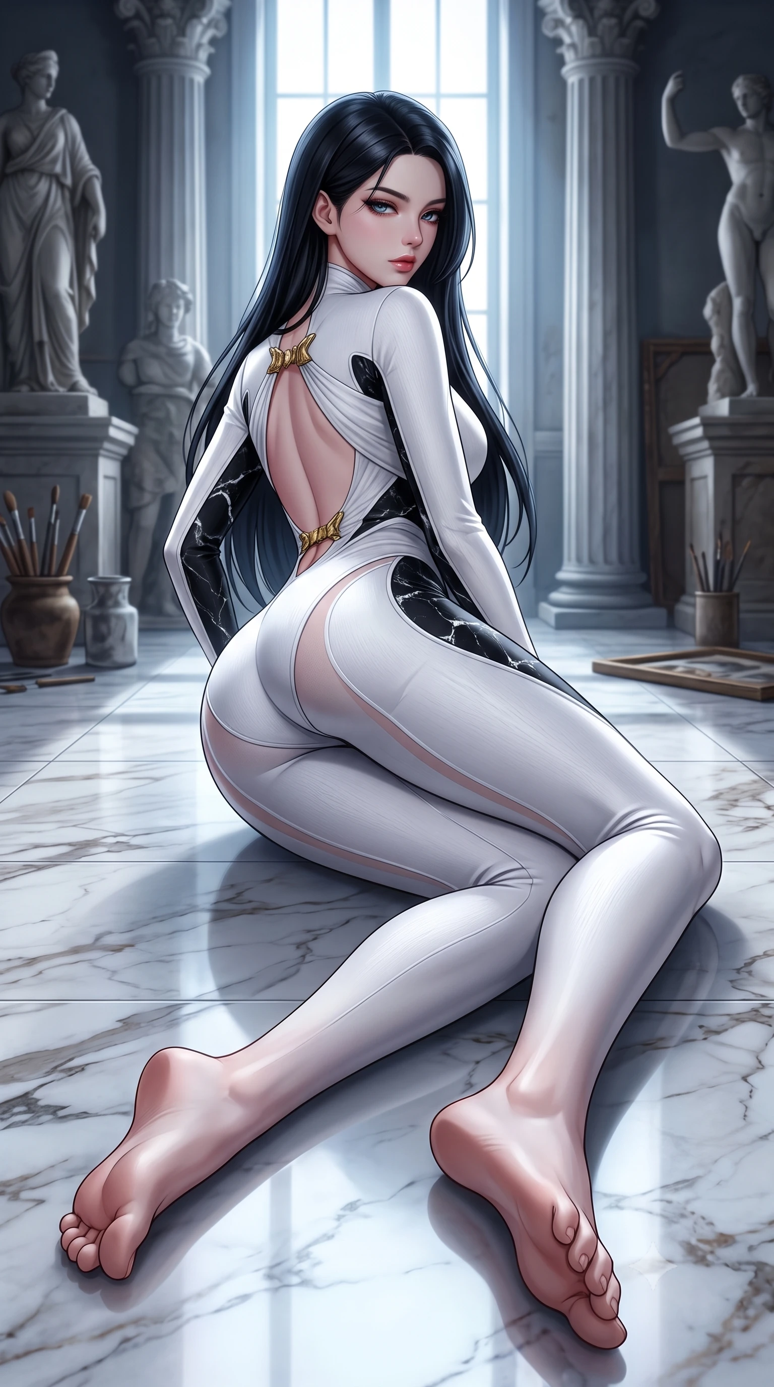 score_9, masterpiece, best quality, ultra-detailed, high-budget anime keyframe, semi-realistic 3D game render, editorial fashion photography, tasteful artistic composition, Korean woman. low angle full-body shot from head to toe showing her feet, filling the entire 9:16 vertical frame with her statuesque presence, stretching her vertical silhouette. posing with back turned slightly to the lens, glancing back with smoldering allure as she arches her lower back to emphasize her sculpted feminine hips and slender waist while lying languidly on the polished marble studio floor, legs extended in an alluring dancer line as north light pours over her form. The surrounding environment is rendered in vivid detail and crisp panoramic clarity. timeless Renaissance chiaroscuro and monumental artistic atelier aesthetics captured with precision. She has an absolutely perfect, statuesque 8.5-heads proportion, an exceptionally tall and slender model-like female figure with impossibly long slender legs, a toned flat midriff, an ultra-slim waist, and beautifully sculpted feminine hips. sharp v-shaped jawline, high-bridge nose, intricate jewel-like eyes with depth, thick eyelashes, glossy parted lips with a natural sheen, intensely captivating and seductive bedroom-eyes expression, flawlessly proportioned anatomical accuracy, strict slender model proportions, natural body alignment, perfectly sculpted long slender limbs, ultra-slim waistline, clean dynamic posture without body distortion. wearing a second-skin white compression bodysuit featuring sheer mesh contouring lines tracing her glutes and waist in high-contrast black marble and pure white vein accents, crafted from breathable crinkled linen with classical sculptor drape, finished with a dramatic open back secured by sculpted gold clasps, the glove-like aerodynamic silhouette tightly following the natural contour of her hips and long slender legs with statuesque precision. surrounded by a divine, timeless, and breathtakingly majestic living sculpture goddess aura. highly saturated vibrant anime colors, detailed shading with soft gradients, rich glossy textures, high-contrast stereoscopic depth, volumetric dynamic lighting, master piece, 9:16 ratio