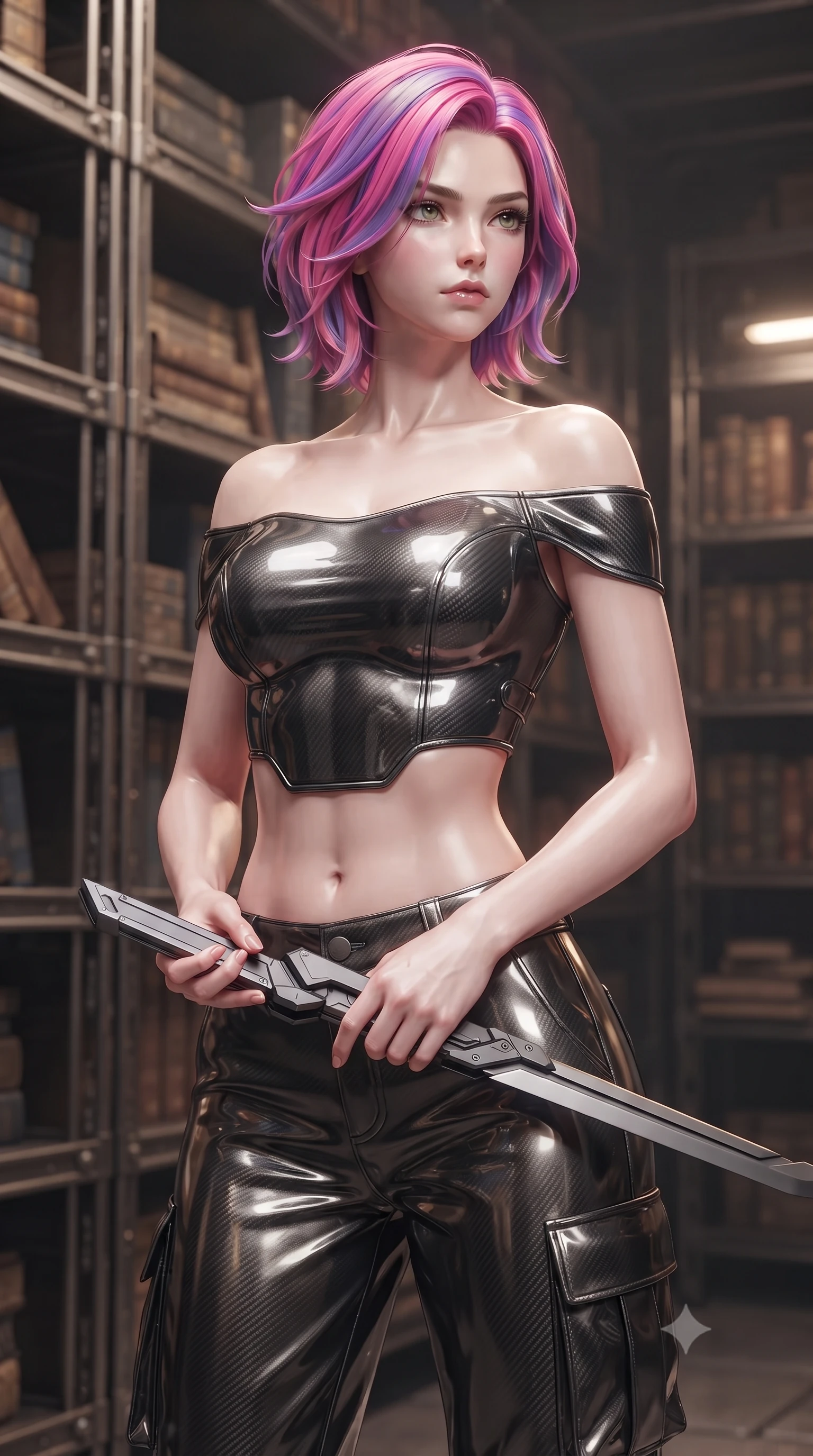 score_9, masterpiece, best quality, ultra-detailed, high-budget anime keyframe, editorial fashion photography, tasteful artistic composition, Caucasian woman. close-up cowboy shot from the waist and thighs up, the character dominates the composition, filling the frame with her large presence, background elements kept in soft focus. holding a deactivated nanotech glaive, looking past the camera with quiet, sharp focus and a composed expression, the background shows a soft-focus a citadel library room with metal shelves, manuals, and technical archives. She has an exceptionally elegant, slender, and willowy female figure with an ultra-slim waist, a gracefully sculpted slender torso, and a refined silhouette. sharp v-shaped jawline, high-bridge nose, intricate jewel-like eyes with depth, thick eyelashes, glossy lips with a natural sheen. wearing a form-contouring off-shoulder carbon-fiber armor top paired with high-slit tactical cargo pants, showing her delicately sculpted midriff. soft warm reading lights creating a quiet, focused, and meditative mood. ultra-reflective glossy finish, specular highlights, metallic sheen, high-contrast stereoscopic depth, volumetric dynamic lighting, 2k, ultra detail, master piece, 9:16 ratio