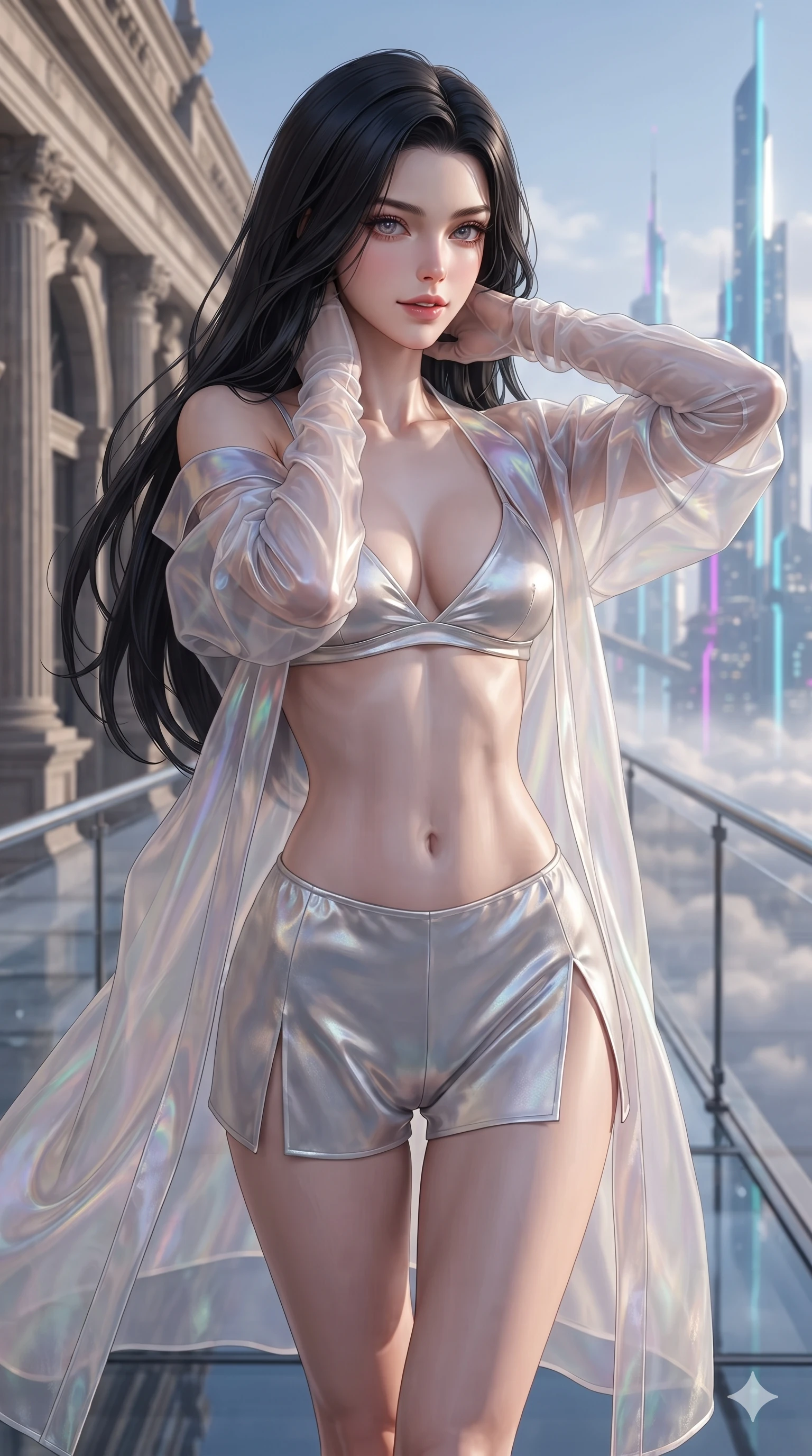 score_9, masterpiece, best quality, ultra-detailed, high-budget anime keyframe, editorial fashion photography, tasteful artistic composition, Korean woman. close-up cowboy shot from the waist and thighs up, the character dominates the composition, filling the frame with her large presence. resting both hands lightly behind her neck with elbows raised, arching her spine to highlight her narrow waist, flat midriff, and breathtaking collarbones while walking slowly along the suspended glass skybridge, looking back over her shoulder with an air of effortless grace and an alluring, smoldering smile as classical stone on one side transitions into gleaming neon cyber-spires on the other. The background shows a soft-focus high-altitude evening clouds softened in dual-era skybridge promenade shallow focus. She has an exceptionally elegant, slender, and willowy female figure with an ultra-slim waist, flat toned midriff, narrow ribcage, and sculpted feminine hips creating an alluring, slim hourglass silhouette without bulk. sharp v-shaped jawline, high-bridge nose, intricate jewel-like sparkling eyes with depth, thick eyelashes, glossy parted lips with a natural sheen, intensely captivating and seductive bedroom-eyes expression, exuding both youthful cute charm and sovereign luxury allure, flawlessly proportioned anatomical accuracy, strict slender model proportions, natural body alignment, perfectly sculpted long slender limbs, ultra-slim waistline, clean dynamic posture without body distortion. wearing a translucent iridescent organza kimono robe slipping off bare shoulders over a matching satin micro-bralette and micro-shorts in shimmering silver mercury and pearl white, woven from fine semi-opaque stretch illusion mesh tracing her slender contours, complemented by sheer opera-length evening gloves tracing her slender arms, the high-slit wrap tailoring accentuating her ultra-slim waistline and the enchanting curve of her feminine hips with alluring seductive charm. illuminated by glass floor bounce and sharp gold-cyan rim lights defining her razor-sharp jawline, narrow waist, and curvy hips. ultra-reflective glossy finish, specular highlights, rich textural contrasts, high-contrast stereoscopic depth, volumetric dynamic lighting, 2k, ultra detail, master piece, 9:16 ratio