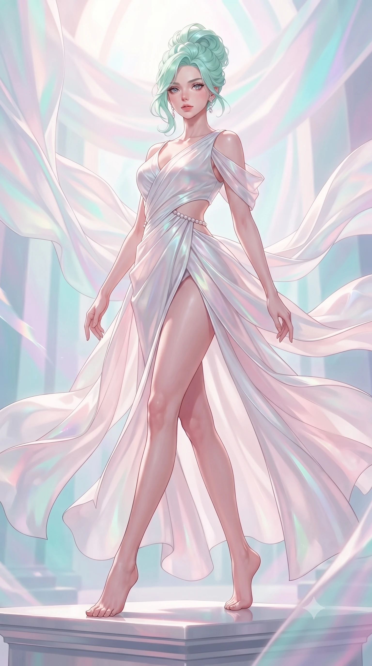 score_9, masterpiece, best quality, ultra-detailed, high-budget anime keyframe, editorial fashion photography, tasteful artistic composition, Japanese woman. low angle full-body shot from head to toe showing her feet, filling the entire 9:16 vertical frame with her statuesque presence, stretching her vertical silhouette. stepping gracefully through the radiant environment, stretching her statuesque silhouette, poised on a platinum pedestal as holographic organza drapes swirl in gentle breeze, soft sunlight filtering through organza layers casting pastel color shadows. She has an absolutely perfect, statuesque 8.5-heads proportion, an exceptionally tall and slender model-like female figure with impossibly long slender legs and an ultra-slim waist. sharp v-shaped jawline, high-bridge nose, intricate jewel-like eyes with depth, thick eyelashes, glossy lips with a natural sheen. wearing draped white silk gown featuring graceful waist cutouts and thigh slit in soft blush pink, made of iridescent hologram organza, adorned with minimalist pearl hardware framing the waistline, highlighting her statuesque proportions and ultra-slim waistline. bathed in soft airy daylight with pastel turquoise and magenta highlights. ultra-reflective glossy finish, specular highlights, metallic sheen, high-contrast stereoscopic depth, volumetric dynamic lighting, 2k, ultra detail, master piece, 9:16 ratio