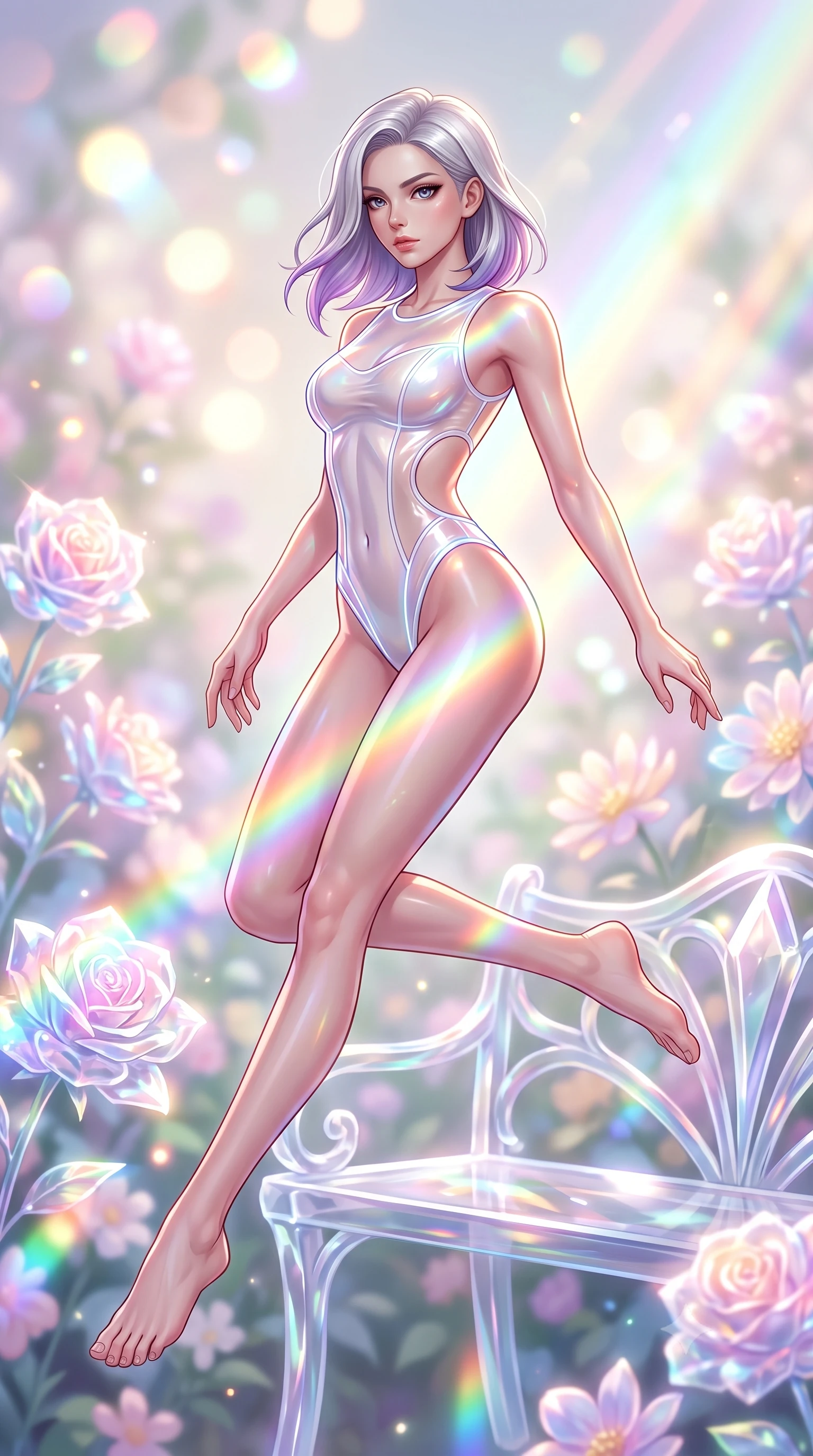 score_9, masterpiece, best quality, ultra-detailed, high-budget anime keyframe, semi-realistic 3D game render, editorial fashion photography, tasteful artistic composition, Caucasian woman. low angle full-body shot from head to toe showing her feet, filling the entire 9:16 vertical frame with her statuesque presence, stretching her vertical silhouette. leaping through mid-air with an athletic yet alluring arch of her spine, her impossibly long slender legs stretched in flawless poise while stretching forward with an alluring S-curve silhouette on a crystal garden bench as rainbow light bands cross her skin. The composition keeps background elements in soft focus with creamy bokeh. blooming crystal roses and rainbow spectrum light beams blurred into dazzling, radiant pastel bokeh. She has an absolutely perfect, statuesque 8.5-heads proportion, an exceptionally tall and slender model-like female figure with impossibly long slender legs, a toned flat midriff, and an ultra-slim waist. sharp v-shaped jawline, high-bridge nose, intricate jewel-like eyes with depth, thick eyelashes, glossy lips with a natural sheen, flawlessly proportioned anatomical accuracy, strict slender model proportions, natural body alignment, perfectly sculpted long slender limbs, ultra-slim waistline, clean dynamic posture without body distortion. wearing a high-cut translucent vinyl leotard with front paneling, exposed side-rib cutouts, and an open back in glistening liquid pearl white with rainbow opalescence, tailored from semi-translucent cybernetic vinyl with glowing micro-filaments, accented with glowing fiber-optic seams tracing her collarbones and hip curves, the precision-cut daring openings accentuating her delicate midriff, graceful bare collarbones, and ultra-slim feminine waistline. surrounded by a pure, romantic, and breathtakingly alluring floral sanctuary atmosphere. highly saturated vibrant anime colors, detailed shading with soft gradients, rich glossy textures, high-contrast stereoscopic depth, volumetric dynamic lighting, master piece, 9:16 ratio