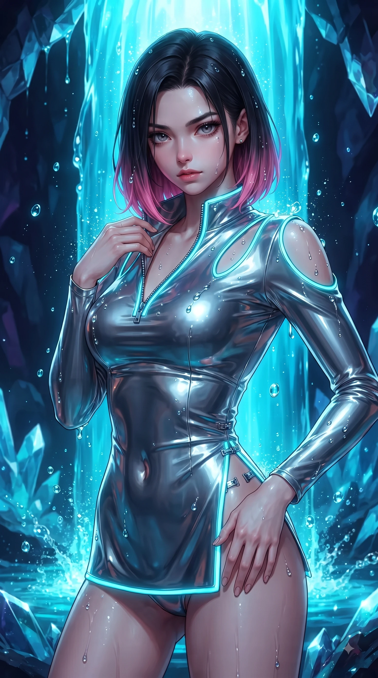 score_9, masterpiece, best quality, ultra-detailed, high-budget anime keyframe, editorial fashion photography, tasteful artistic composition, Korean woman. close-up cowboy shot from the waist and thighs up, the character dominates the composition, filling the frame with her large presence. gazing directly into the lens with bedroom eyes and a breathtaking, dangerous allure that commands the entire composition while standing beneath a subterranean waterfall of liquid cyan light as droplets sparkle across her shoulders. The surrounding environment is rendered in vivid detail and crisp panoramic clarity. sharp crystal facet geometries, splashing bioluminescent water droplets, and dark quartz in deep focus. She has an exceptionally elegant, slender, and willowy female figure with an ultra-slim waist, a gracefully sculpted slender torso, and a refined silhouette. sharp v-shaped jawline, high-bridge nose, intricate jewel-like eyes with depth, thick eyelashes, glossy lips with a natural sheen, flawlessly proportioned anatomical accuracy, natural body alignment, perfectly sculpted elegant limbs, clean dynamic posture without body distortion. wearing a form-fitting top made of molten liquid-mercury fabric that clings to her curves, with strategic tear-drop shoulder cutouts and a dangerously unzipped front collar in liquid mercury silver and glowing electric cyan, crafted from ultra-reflective second-skin latex with a glass-like polish, finished with an ultra-high side slit secured by miniature magnetic clasps, the glove-like fit tightly following every curve of her statuesque athletic build. illuminated by crisp white specular highlights and deep indigo ambient shadow. ultra-reflective glossy finish, specular highlights, metallic sheen, high-contrast stereoscopic depth, volumetric dynamic lighting, 2k, ultra detail, master piece, 9:16 ratio