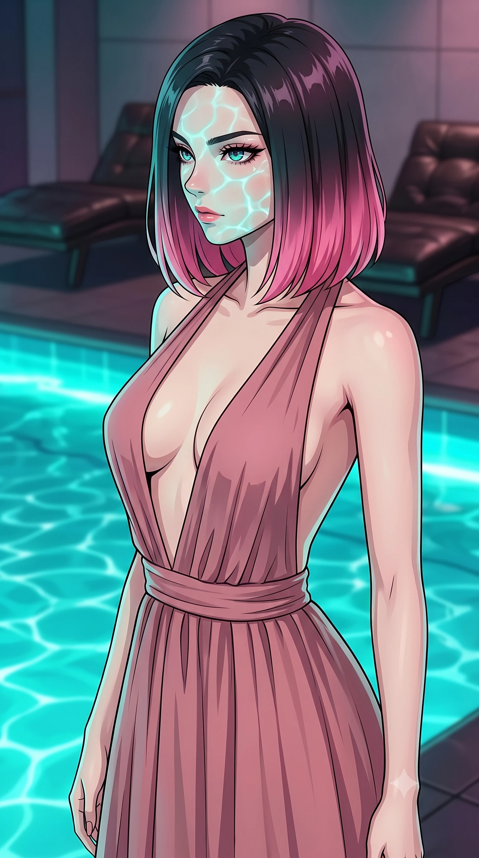 score_9, masterpiece, best quality, ultra-detailed, high-budget anime keyframe, tasteful artistic composition, Korean woman. close-up cowboy shot from the waist and thighs up, the character dominates the composition, filling the frame with her large presence, background elements kept in soft focus. turning her face in sharp profile, casting a cold, mysterious, yet intensely alluring side gaze, the background shows a soft-focus a retro-cyber pool room with glowing turquoise water and dark leather lounges. She has an exceptionally elegant, slender, and willowy female figure with an ultra-slim waist, a gracefully sculpted slender torso, and a refined silhouette. sharp v-shaped jawline, high-bridge nose, intricate jewel-like eyes with depth, thick eyelashes, glossy lips with a natural sheen. wearing a tailored deep plunging-V neck maxi dress in dusty rose chiffon with a bold halter neck and low-cut back. rippling water reflections mapping across her features from below. highly saturated vibrant anime colors, cel-shading, 2d style, master piece, 9:16 ratio