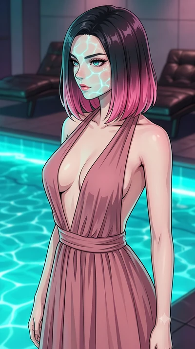 score_9, masterpiece, best quality, ultra-detailed, high-budget anime keyframe, tasteful artistic composition, Korean woman. close-up cowboy shot from the waist and thighs up, the character dominates the composition, filling the frame with her large 