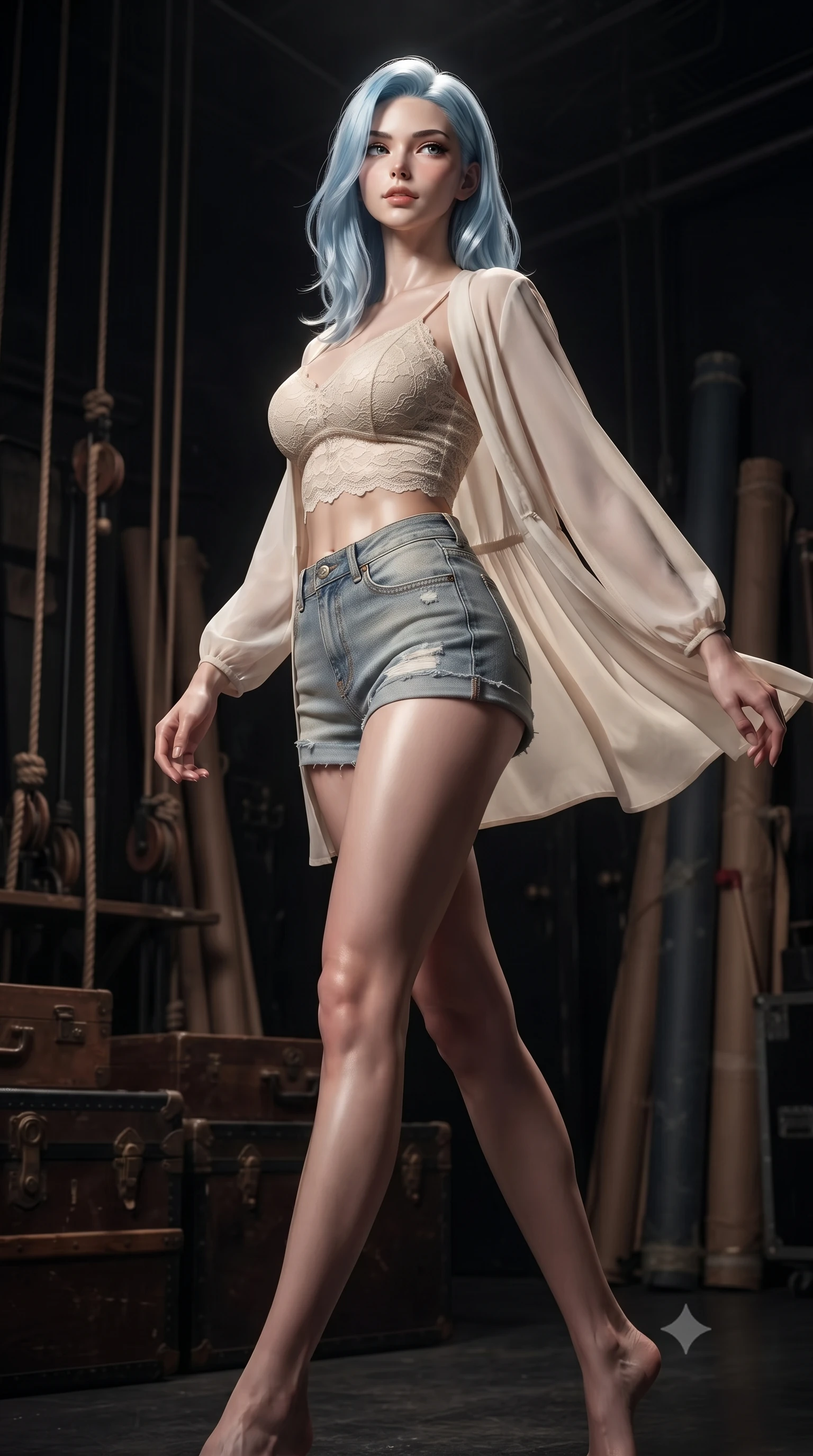 score_9, masterpiece, best quality, ultra-detailed, high-budget anime keyframe, editorial fashion photography, tasteful artistic composition, Korean woman. low angle full-body shot from head to toe showing her feet, filling the entire 9:16 vertical frame with her statuesque presence, stretching her vertical silhouette. stepping gracefully while looking back over her shoulder, her dress draped tightly to reveal her silhouette the background shows a soft-focus a vintage stage wing with ropes, pulleys, and wooden trunks in the dark. She has an absolutely perfect, statuesque 8.5-heads proportion, an exceptionally tall and slender model-like female figure with impossibly long slender legs and an ultra-slim waist. sharp v-shaped jawline, high-bridge nose, intricate jewel-like eyes with depth, thick eyelashes, glossy lips with a natural sheen. wearing a body-hugging delicate lace crop top in cream, worn under a semi-opaque chiffon cardigan and denim shorts. dramatic chiaroscuro lighting focusing on her athletic, slender build. ultra-reflective glossy finish, specular highlights, metallic sheen, high-contrast stereoscopic depth, volumetric dynamic lighting, 2k, ultra detail, master piece, 9:16 ratio