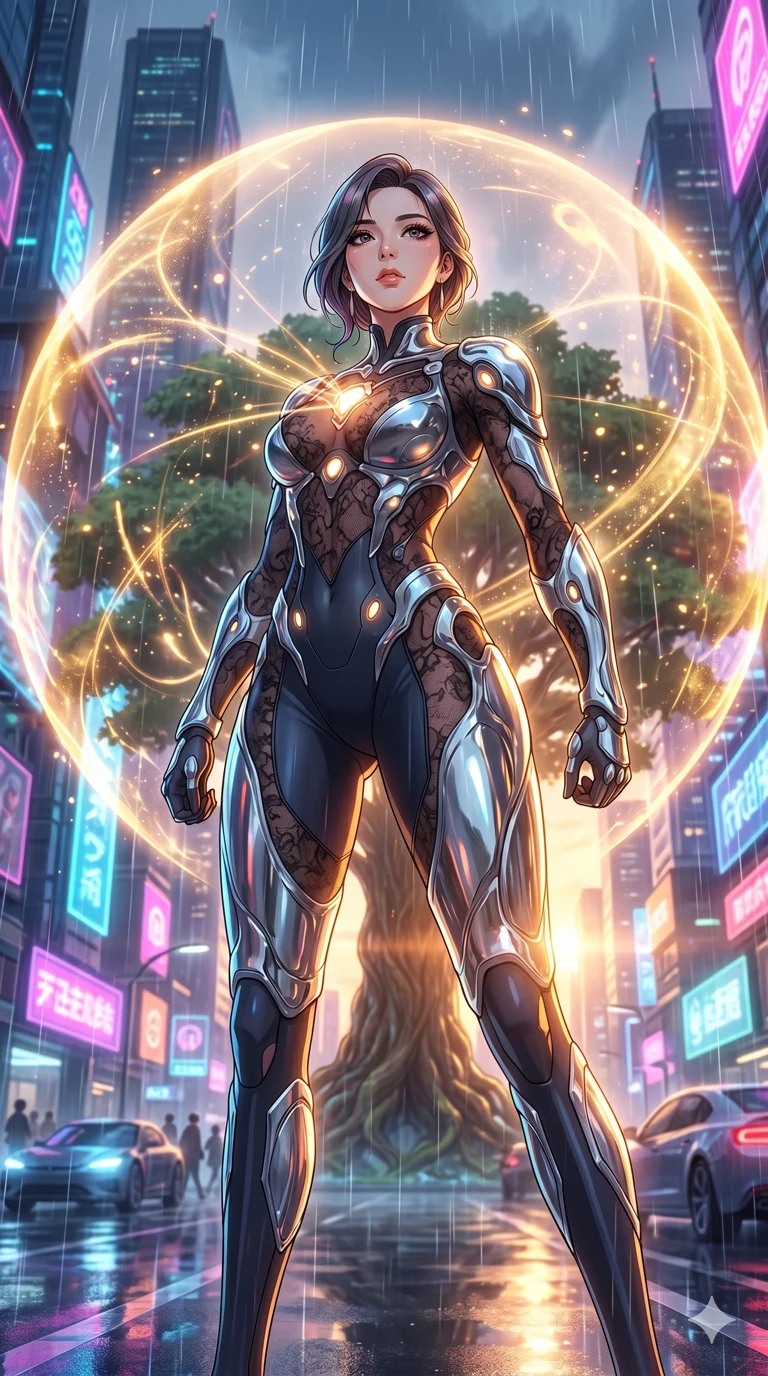 score_9, masterpiece, best quality, ultra-detailed, High-budget Anime Keyframe, vibrant colors, fluid line-art, expressive lighting, cinematic composition, Ufotable-style visual effects, top-tier animation quality, Korean woman with idol-like refined features. Low angle cowboy shot filling the entire 9:16 frame with her statuesque presence, looking up to emphasize her height. Protecting a sacred world-tree with her own life-force, a golden shield expanding from her heart to cover the forest. She has an absolutely perfect 8-heads proportion, an exceptionally tall and slender female figure with impossibly long slender legs and an ultra-slim waist, her statuesque height and towering silhouette dominating the vertical 9:16 frame. Her face is a masterpiece featuring a sharp v-shaped jawline, high-bridge nose, intricate jewel-like eyes with depth, thick eyelashes, and glossy lips with a natural sheen. She is wearing a Sheer lace catsuit with strategically placed armor plating and glowing energy nodes crafted from Molten liquid mercury that flows and reflects the environment with metallic perfection, with a dangerous high slit that showcases her impossibly long slender legs. The scene is set in a sprawling cyberpunk metropolis in heavy rain with vibrant neon glows reflecting on every surface, illuminated by golden hour sunlight that gives her skin a warm, radiant glow. 2k, ultra detail, master piece, 9:16 ratio