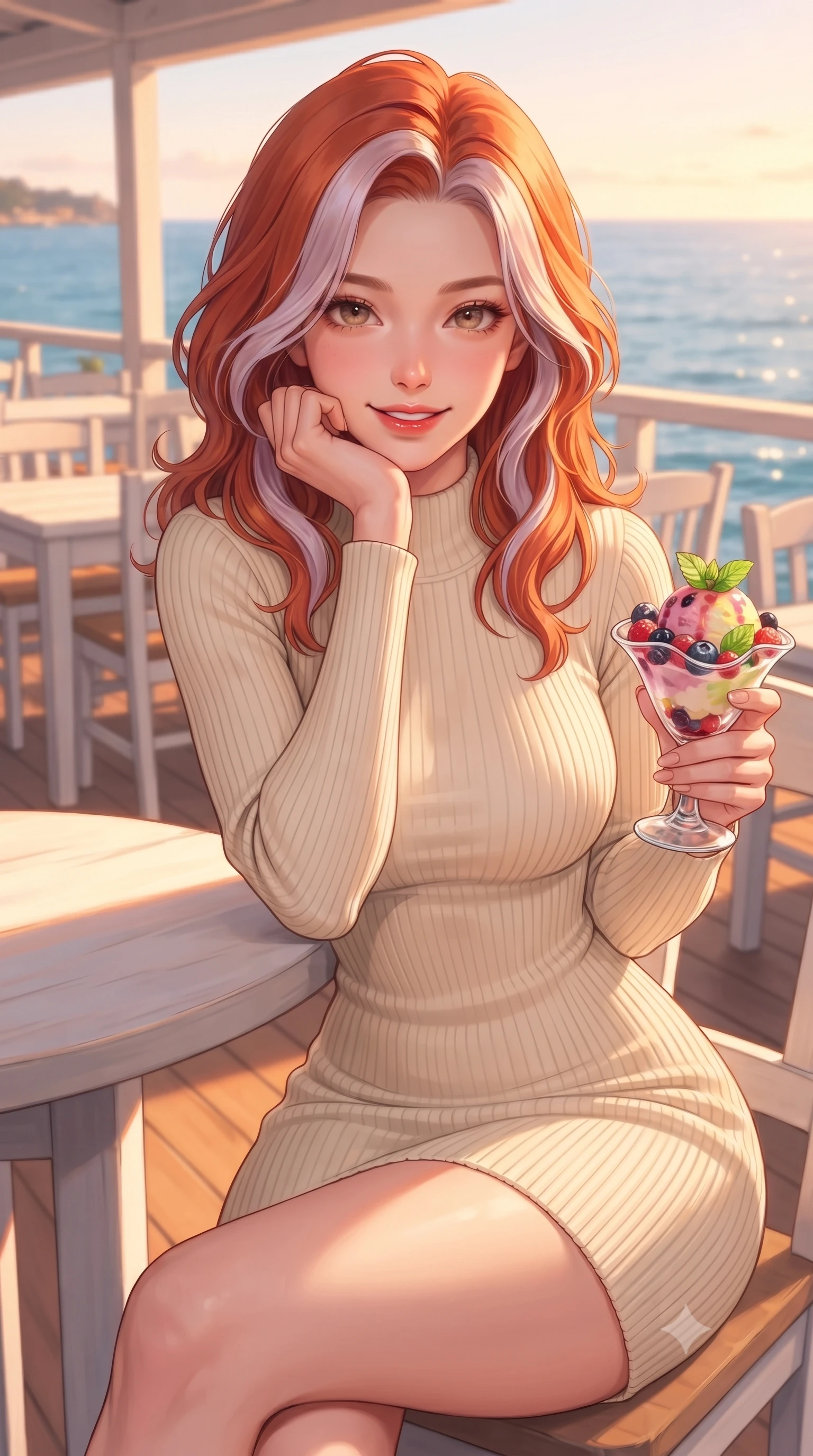 score_9, masterpiece, best quality, ultra-detailed, high-budget anime keyframe, editorial fashion photography, tasteful artistic composition, Caucasian woman. close-up cowboy shot from the waist and thighs up, the character dominates the composition, filling the frame with her large presence, background elements kept in soft focus. smiling cutely while resting her chin on her hand, looking directly into the lens set against a soft-focus background of at a seaside cafe deck with white wooden tables and views of the blue water holding a colorful ice cream coupe with fresh berries and mint. She has an exceptionally elegant, slender, and willowy female figure with an ultra-slim waist, a gracefully sculpted slender torso, and a refined silhouette. sharp v-shaped jawline, high-bridge nose, intricate jewel-like eyes with depth, thick eyelashes, glossy lips with a natural sheen. wearing form-contouring form-fitting ribbed knit dress in cream, contouring her slender silhouette. golden hour sunset rays painting the cozy interior in a warm orange wash. highly saturated vibrant anime colors, detailed shading with soft gradients, rich glossy textures, high-contrast stereoscopic depth, volumetric dynamic lighting, master piece, 9:16 ratio