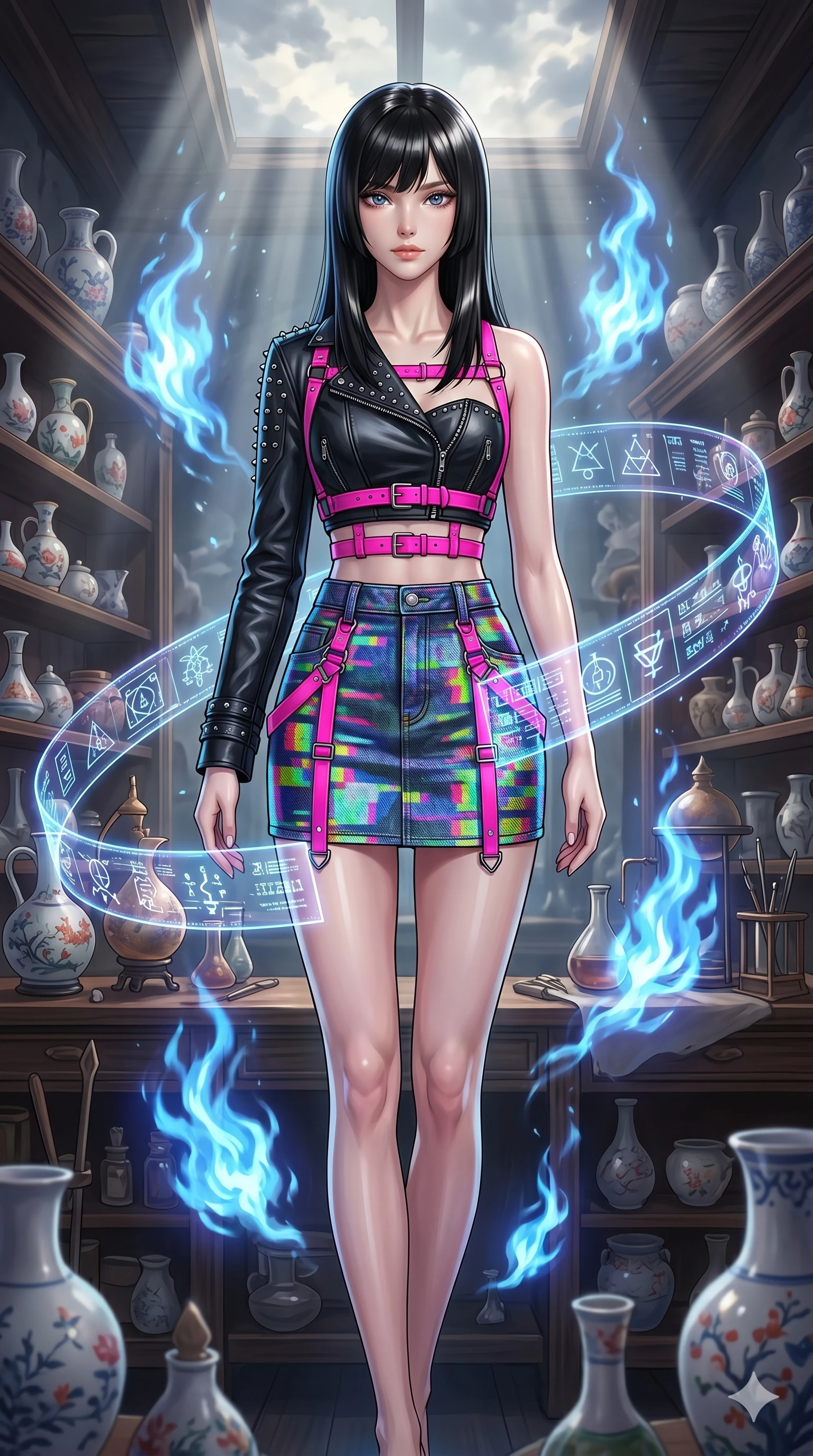 score_9, masterpiece, best quality, ultra-detailed, high-budget anime keyframe, editorial fashion photography, tasteful artistic composition, Caucasian woman, strictly human ears. upper body close-up from the thighs up, character filling the screen for maximum presence. gracefully floating amidst in an alchemical porcelain workshop amidst blue alchemical flames as floating holographic data ribbons swirl in a graceful orbit. She has an absolutely perfect 8-heads proportion, an exceptionally tall and slender female figure with impossibly long slender legs and an ultra-slim waist. V-shaped jawline, high-bridge nose, intricate jewel-like eyes with depth, thick eyelashes, glossy lips with a natural sheen.. wearing a glitch denim and studded leather outfit, featuring an RGB glitch pattern denim structured mini-skirt, a single-sleeve cropped leather jacket, and neon pink harness straps. bathed in dramatic god rays filtering through clouds with high specular highlights along her silhouette. 2k, ultra detail, master piece, 9:16 ratio