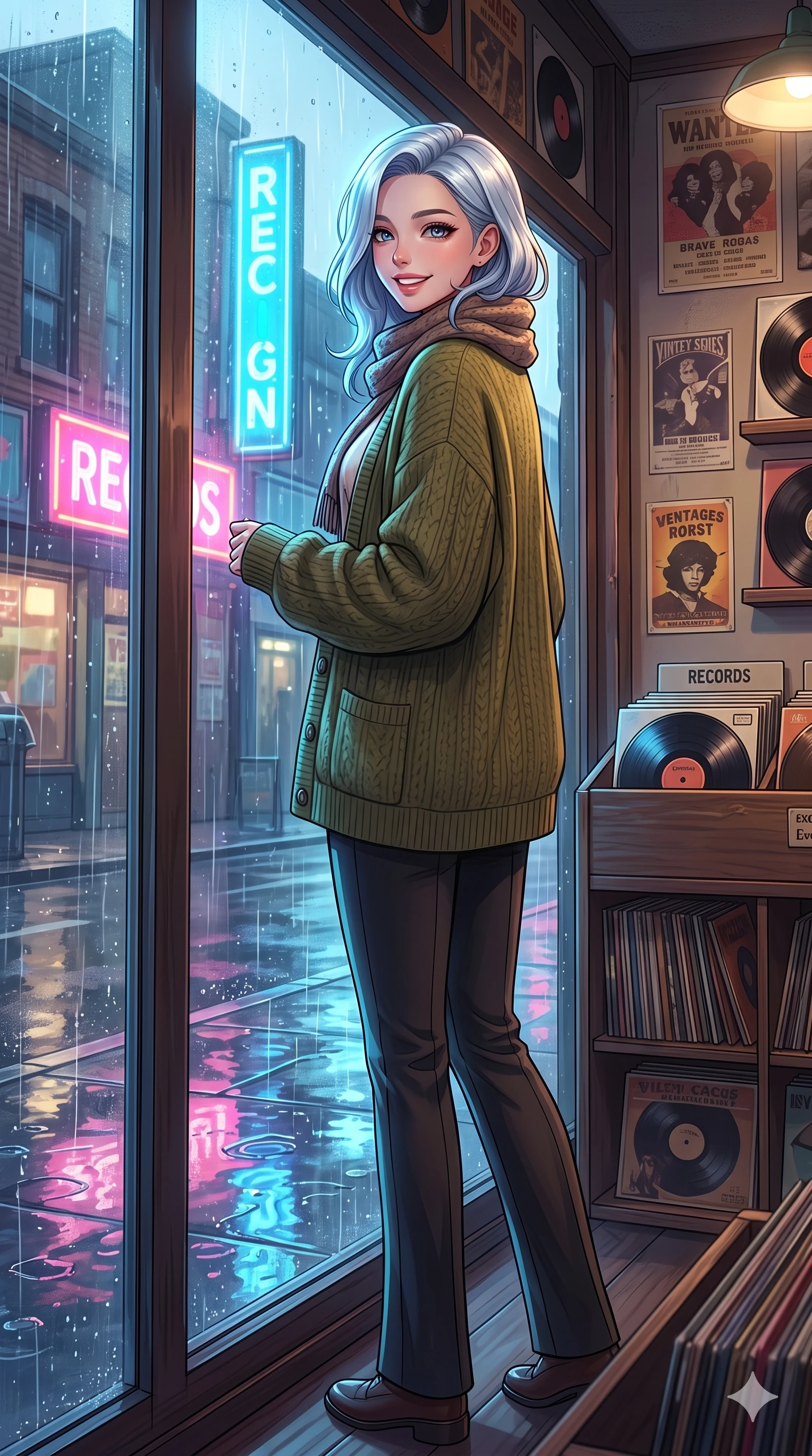 score_9, masterpiece, best quality, ultra-detailed, high-budget anime keyframe, vibrant anime aesthetic, Korean woman. low angle full-body shot from head to toe showing her feet, filling the entire 9:16 vertical frame with her statuesque presence, stretching her vertical silhouette. She is looking over her shoulder, smiling cheerfully at the viewer, with a bright, joyful gaze with a gentle tilt of her head. by the window of a cozy vintage record store, looking at the street through rain-streaked window panes (Code-P22-003). She has an absolutely perfect 8-heads proportion, an exceptionally tall and slender female figure with impossibly long slender legs and an ultra-slim waist. V-shaped jawline, high-bridge nose, intricate jewel-like eyes with depth, thick eyelashes, glossy lips with a natural sheen. wearing an oversized olive green knit cardigan over a buttoned cotton blouse and tailored trousers with a knitted scarf. She is lit by bright neon light reflections in water puddles, creating a glowing twilight aura, casting soft shadows that enhance her features in the rainy afternoon. 2k, ultra detail, master piece, 9:16 ratio