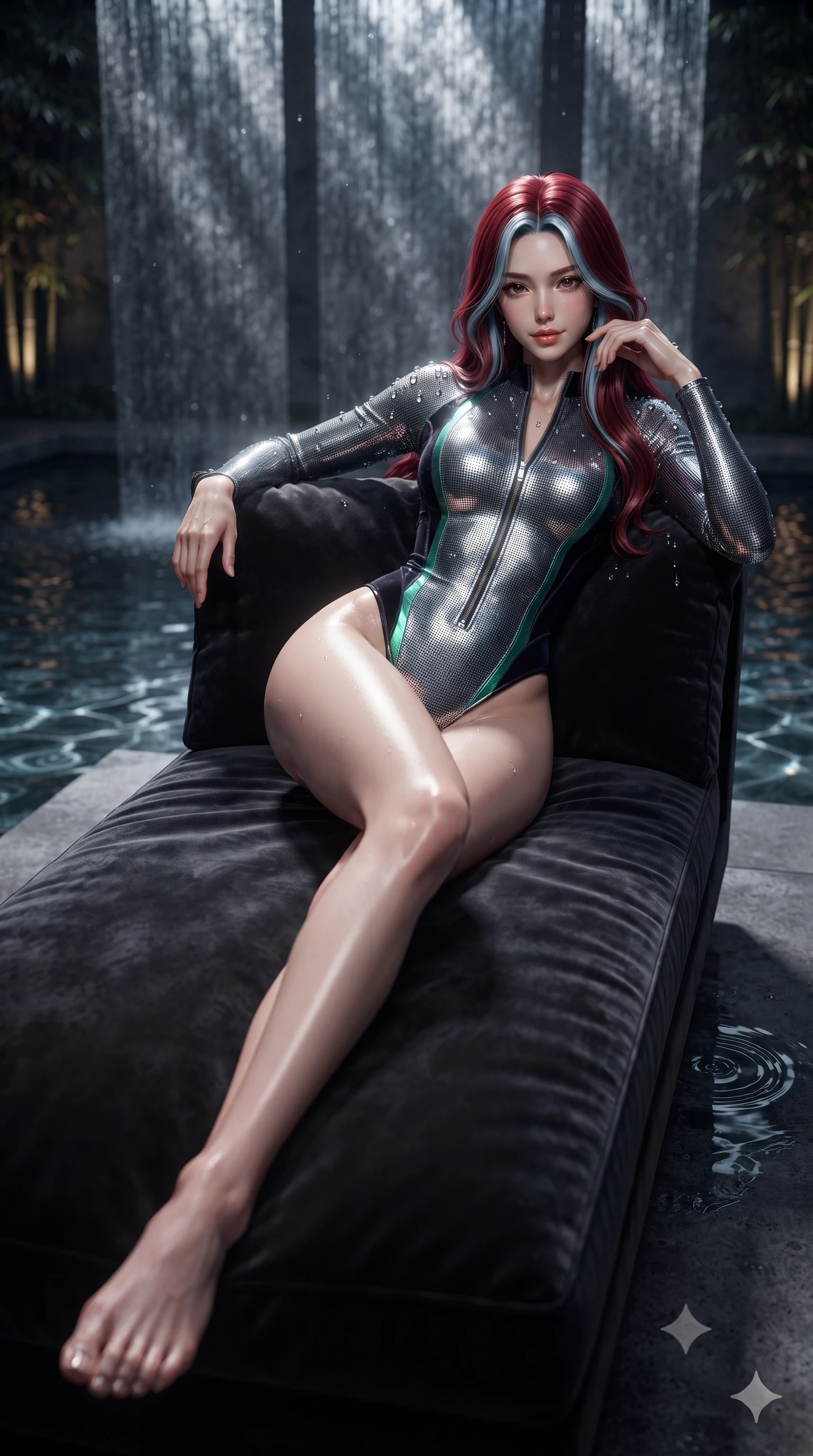 score_9, masterpiece, best quality, ultra-detailed, high-budget anime keyframe, editorial fashion photography, tasteful artistic composition, Caucasian woman. low angle full-body shot from head to toe showing her feet, filling the entire 9:16 vertical frame with her statuesque presence, stretching her vertical silhouette. reclining gracefully across the plush chaise lounge with one leg extended, her sculpted silhouette and flat midriff radiating magnetic nocturnal glamour while lounging on the cantilevered stone sunpad propped on one elbow, her flat midriff and long slender limbs commanding the monumental plunge pool. The background shows a soft-focus cascading sheets of water over textured charcoal concrete, illuminated plunge pool ripples, and minimalist bamboo groves blurred into charcoal, aquamarine, and amber bokeh. She has an absolutely perfect, statuesque 8.5-heads proportion, an exceptionally tall and slender model-like female figure with impossibly long slender legs, an ultra-slim waist, a flat toned midriff, narrow delicate ribcage, and beautifully sculpted feminine hips creating a graceful, slim hourglass silhouette without any bulky heaviness. sharp v-shaped jawline, high-bridge nose, sparkling eyes with hypnotic seductive depth, thick curled eyelashes, glossy parted lips with a natural dewy peach sheen, alluring bedroom-eyes with an enchanting coquettish smile, exuding magnetic siren charisma and sophisticated glamour, flawlessly proportioned anatomical accuracy, strict slender model proportions, natural body alignment, perfectly sculpted long slender limbs, ultra-slim waistline, clean dynamic posture without body distortion. wearing a form-contouring wet-look neoprene zip-front maillot with high-cut leg openings and racing side stripes in iridescent emerald satin and dark charcoal velvet, crafted from shimmering fluid chainmail mesh reflecting ambient lights, finished with glistening drops of pool water beading across her sculpted shoulders and collarbones, the second-skin tailored fabric adhering flawlessly to her sculpted flat midriff and slender torso, emphasizing her long leg lines and perfectly proportioned willowy build. bathed in dramatic narrow-beam 4000K architectural spotlights cutting through falling water sheets. ultra-reflective glossy finish, specular highlights, rich textural contrasts, high-contrast stereoscopic depth, volumetric dynamic lighting, 2k, ultra detail, master piece, 9:16 ratio