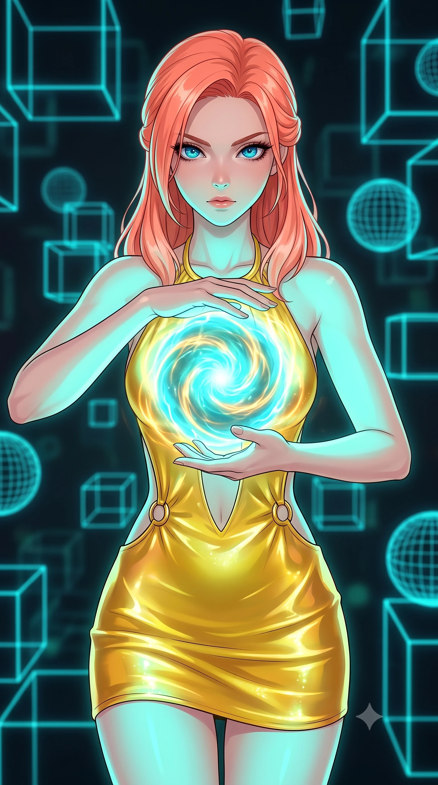 score_9, masterpiece, best quality, ultra-detailed, high-budget anime keyframe, clean line-art, cel-shading, Japanese woman. close-up cowboy shot from the waist and thighs up, the character dominates the composition, filling the frame with her large presence, background elements kept in soft focus. Channelling a swirling orb of energy between her hands with an intense focused gaze. set against a soft-focus background of a dark dimension defined by glowing cyan wireframe cubes and spheres that float and align geometrically. She has an exceptionally elegant and slender, willowy female figure with an ultra-slim waist, a gracefully sculpted slender torso, and a refined slim physique. sharp v-shaped jawline, high-bridge nose, intricate jewel-like eyes with depth, thick eyelashes, glossy lips with a natural sheen. wearing catching and diffusing the glowing particles, shimmering softly in response to the surrounding light, a slim-fit backless halter mini dress in liquid yellow gold, featuring a plunging front cutout and gold rings at her waist. soft aqua bioluminescent light making her skin luminously glow against darkness. highly saturated vibrant anime colors, intense vivid color palette, volumetric dynamic lighting, 2k, ultra detail, master piece, 9:16 ratio
