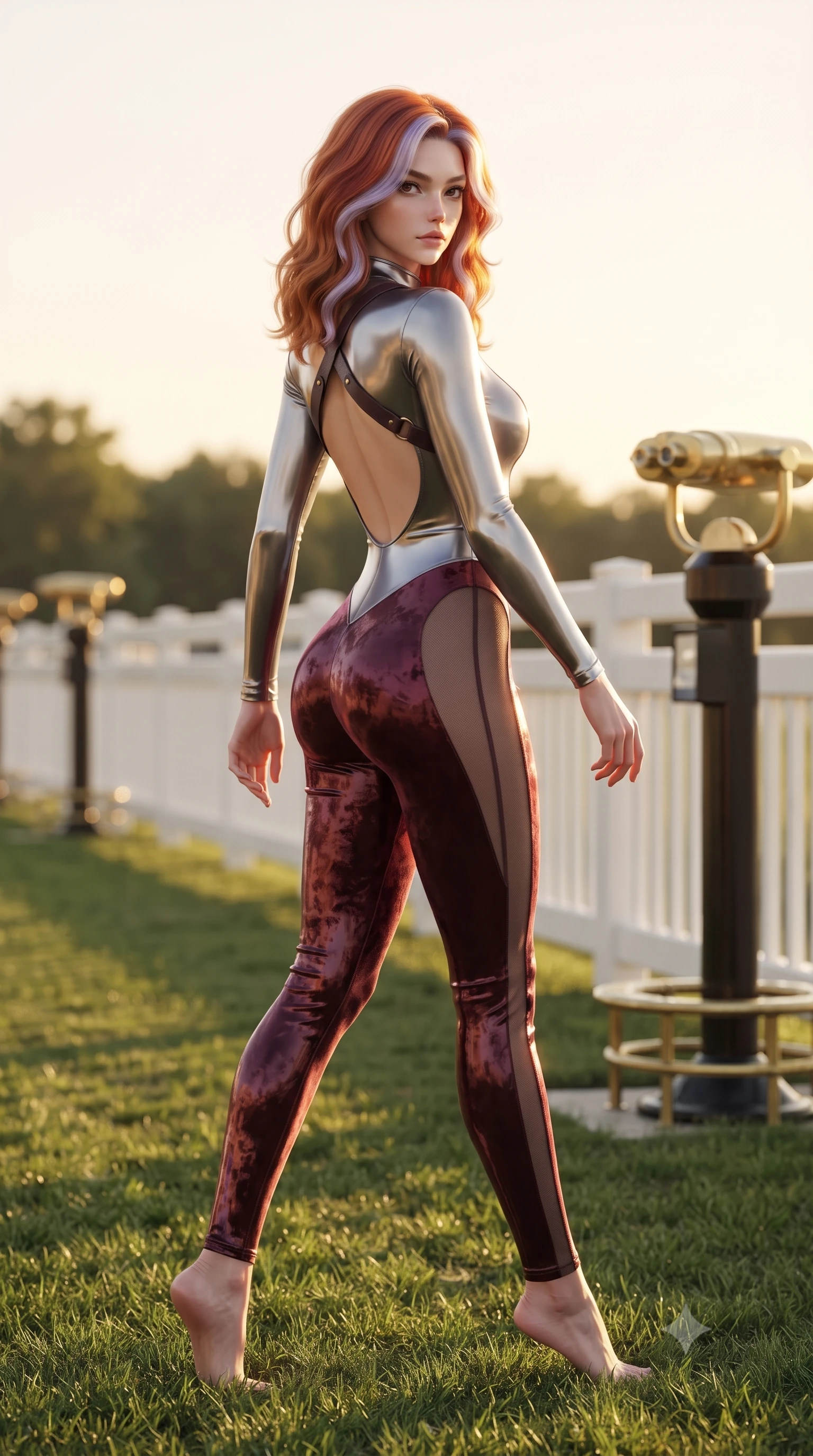 score_9, masterpiece, best quality, ultra-detailed, high-budget anime keyframe, editorial fashion photography, tasteful artistic composition, Caucasian woman. low angle full-body shot from head to toe showing her feet, filling the entire 9:16 vertical frame with her statuesque presence, stretching her vertical silhouette. striding forward in a proud supermodel runway stride, hips swaying in an alluring kinetic rhythm that accentuates her curvy hourglass silhouette while twisting her slender torso in an assertive contrapposto stance beside the private turf bar, her form-contouring riding suit sculpting her feminine hourglass lines. The surrounding environment is rendered in vivid detail and crisp panoramic clarity. sharp white wooden paddock rails, polished brass binocular hardware, and manicured turf grass blades in deep focus. She has an exceptionally tall and slender model-like 8.5-heads proportion, an ultra-slim waist, a flat toned midriff, narrow delicate ribcage, and beautifully sculpted feminine hips creating a graceful, slim hourglass silhouette without any bulky heaviness, with impossibly long slender legs. sharp v-shaped jawline, high-bridge nose, intricate jewel-like eyes with depth, thick eyelashes, glossy parted lips with a natural sheen, intensely captivating and seductive bedroom-eyes expression, flawlessly proportioned anatomical accuracy, strict slender model proportions, natural body alignment, perfectly sculpted long slender limbs, ultra-slim waistline, clean dynamic posture without body distortion. wearing a liquid-silver aerodynamic space-couture catsuit with an open scooped back and sheer contouring mesh hip panels in deep wine burgundy and antique bronze, crafted from heavyweight crushed silk velvet with liquid vintage luster, featuring an open-back criss-cross harness strap in dark leather, the liquid-tight tailored fabric clinging flawlessly to her narrow waist and rounded feminine hips, emphasizing every millimeter of her sculpted slim hourglass curves without any bulky heaviness. bathed in glorious golden-hour afternoon sunlight and warm white marquee bounce fill. ultra-reflective glossy finish, specular highlights, rich textural contrasts, high-contrast stereoscopic depth, volumetric dynamic lighting, 2k, ultra detail, master piece, 9:16 ratio