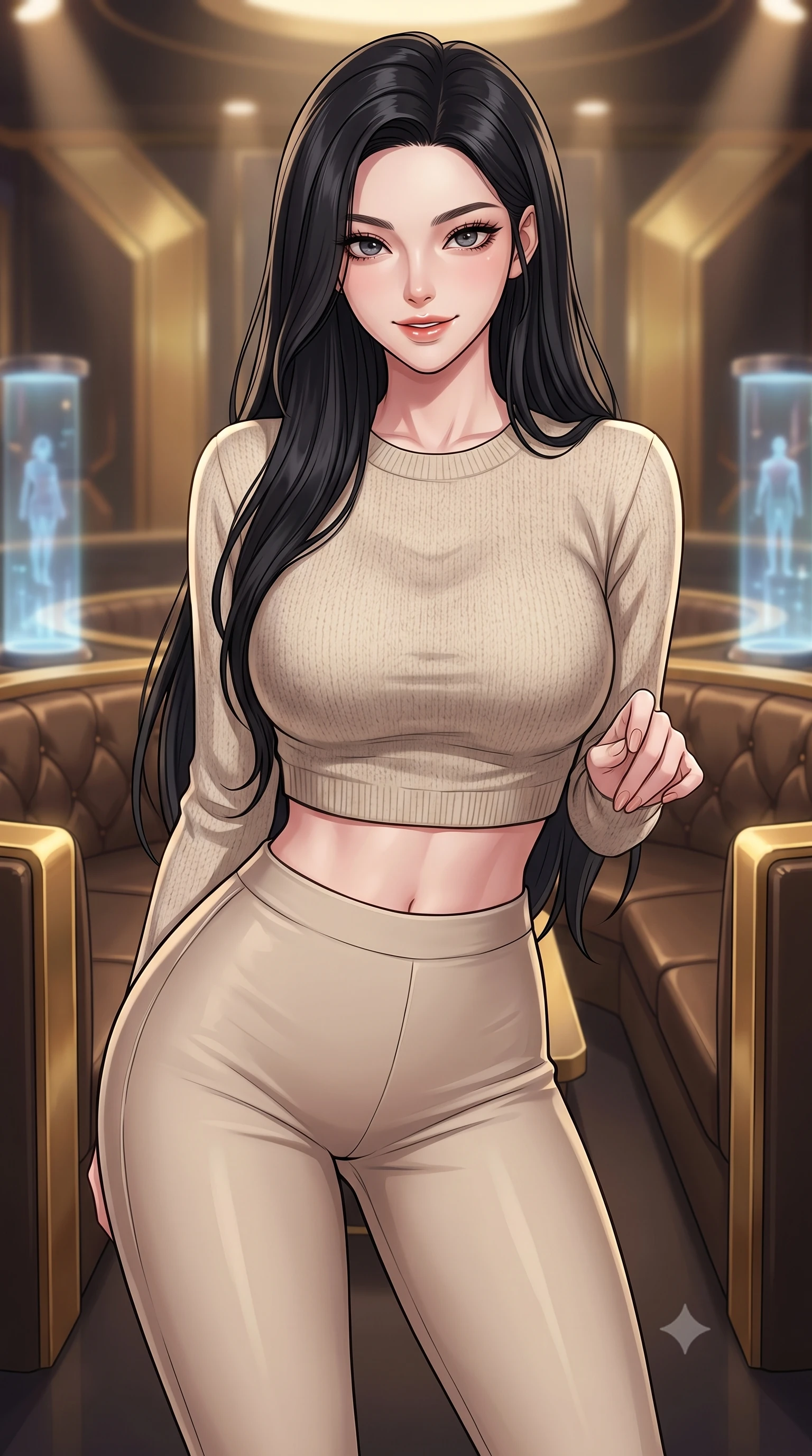 score_9, masterpiece, best quality, ultra-detailed, high-budget anime keyframe, tasteful artistic composition, Korean woman. close-up cowboy shot from the waist and thighs up, the character dominates the composition, filling the frame with her large presence, background elements kept in soft focus. leaning slightly forward with a playful, teasing smile, her gaze locked onto the viewer the background shows a soft-focus a futuristic VIP lounge with gold-trimmed leather booths and holographic projection pillars. She has an exceptionally elegant, slender, and willowy female figure with an ultra-slim waist, a gracefully sculpted slender torso, and a refined silhouette. sharp v-shaped jawline, high-bridge nose, intricate jewel-like eyes with depth, thick eyelashes, glossy lips with a natural sheen. wearing a body-hugging tight-fitting crop sweater in oatmeal wool, paired with high-waisted form-fitting pants. soft warm spotlights creating a premium, mysterious atmosphere. highly saturated vibrant anime colors, cel-shading, 2d style, master piece, 9:16 ratio