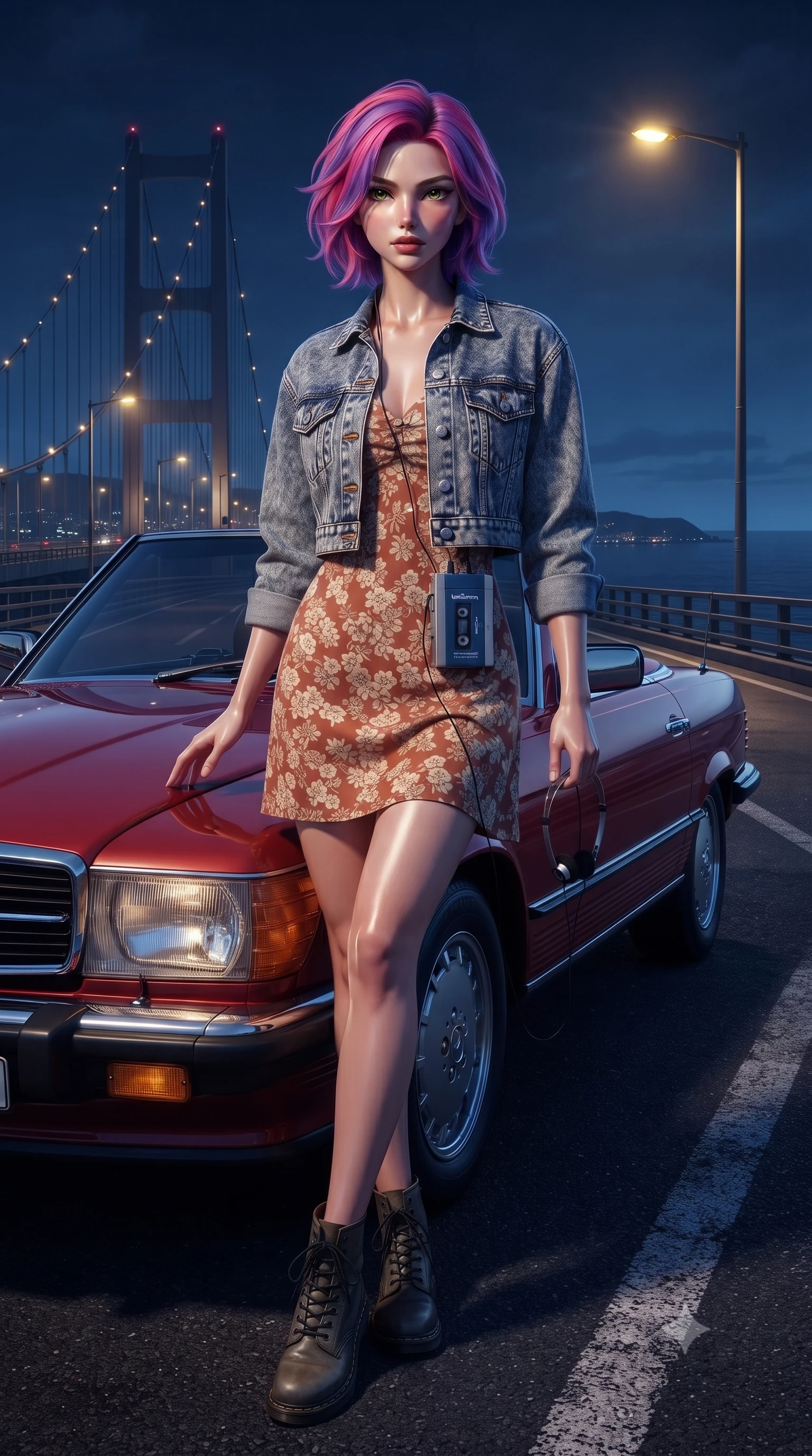score_9, masterpiece, best quality, ultra-detailed, high-budget anime keyframe, editorial fashion photography, tasteful artistic composition, Caucasian woman. low angle full-body shot from head to toe showing her feet, filling the entire 9:16 vertical frame with her statuesque presence, stretching her vertical silhouette. landing lightly on the balls of her feet in a balanced kinetic stance, eyes locked onto the camera with fearless allure while leaning against the hood of a cherry-red vintage 1980s convertible parked on a coastal suspension bridge at midnight. The surrounding environment is rendered in vivid detail and crisp panoramic clarity. high-contrast midnight coastal chiaroscuro and classic 80s grand touring romance in precision. She has an absolutely perfect, statuesque 8.5-heads proportion, an exceptionally tall and slender model-like female figure with impossibly long slender legs, a toned flat midriff, and an ultra-slim waist. sharp v-shaped jawline, high-bridge nose, intricate jewel-like eyes with depth, thick eyelashes, glossy lips with a natural sheen, captivating and magnetic expression, flawlessly proportioned anatomical accuracy, strict slender model proportions, natural body alignment, perfectly sculpted long slender limbs, ultra-slim waistline, clean dynamic posture without body distortion. wearing a classic cropped acid-wash denim jacket paired with a floral print slip dress and combat boots in warm terracotta and oatmeal beige, tailored from velvety soft genuine suede with classic stitched seams, accessorized with a vintage portable cassette Walkman clipped to her waistband, the breezy yet form-flattering drape swaying gracefully with her steps, accentuating her long willowy limbs and slim waistline. bathed in warm yellow streetlamp illumination and cool blue midnight sky ambient fill. ultra-reflective glossy finish, specular highlights, rich textural contrasts, high-contrast stereoscopic depth, volumetric dynamic lighting, 2k, ultra detail, master piece, 9:16 ratio