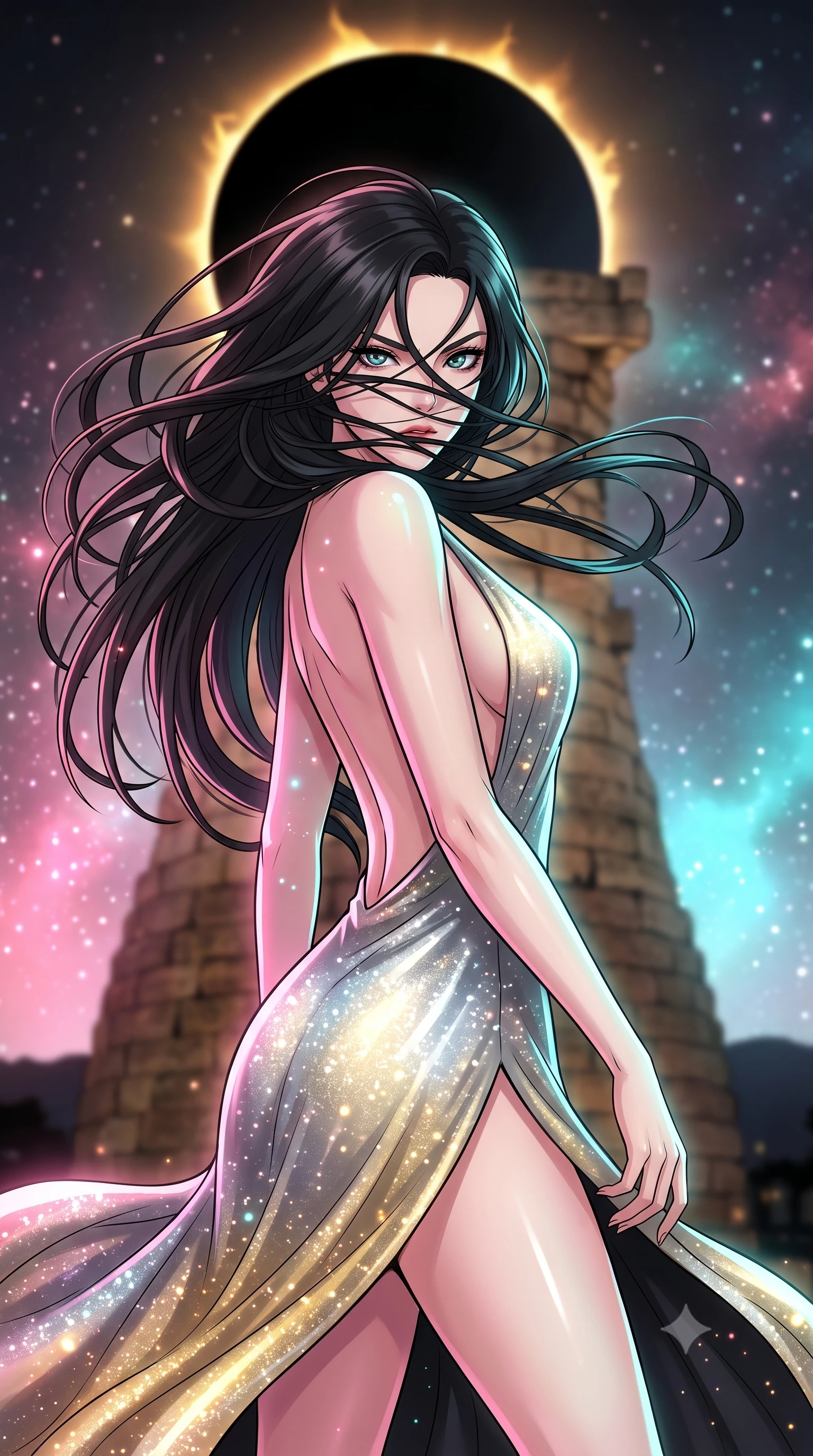 score_9, masterpiece, best quality, ultra-detailed, high-budget anime keyframe, clean line-art, cel-shading, Korean woman. close-up cowboy shot from the waist and thighs up, the character dominates the composition, filling the frame with her large presence, background elements kept in soft focus. Executing a sudden, fast pivot to face the camera, her hair whipping violently across her face. set against a soft-focus background of an ancient stone observatory under a total solar eclipse, the sun's corona forming a ring of gold fire in the sky. She has an exceptionally elegant and slender, willowy female figure with an ultra-slim waist, a gracefully sculpted slender torso, and a refined slim physique. sharp v-shaped jawline, high-bridge nose, intricate jewel-like eyes with depth, thick eyelashes, glossy lips with a natural sheen. wearing catching and diffusing the glowing particles, shimmering softly in response to the surrounding light, a slim-fit deep plunging-V neck maxi dress in a liquid silver and gold gradient, featuring a bold open-back and a daring high slit. starlight and nebula glow casting soft cosmic pink and cyan highlights on her form. highly saturated vibrant anime colors, intense vivid color palette, volumetric dynamic lighting, 2k, ultra detail, master piece, 9:16 ratio